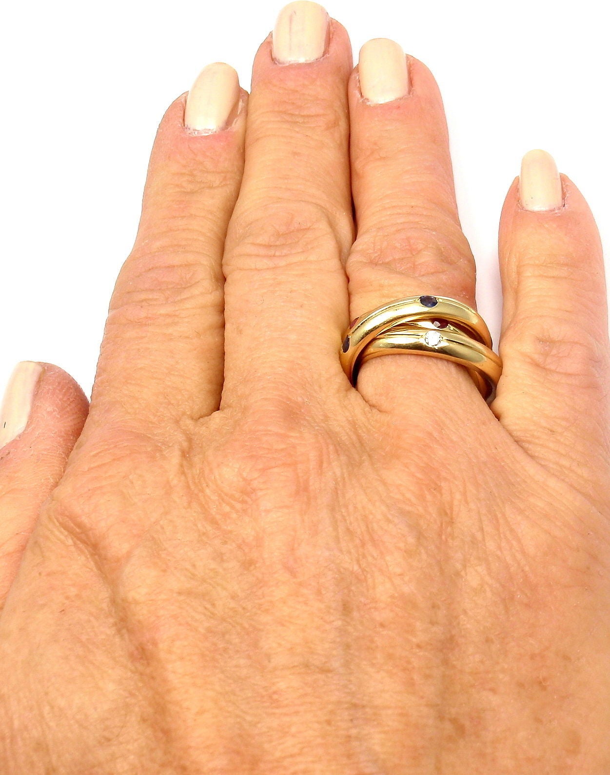 Cartier Trinity Ruby Sapphire Diamond Gold Band Ring 5