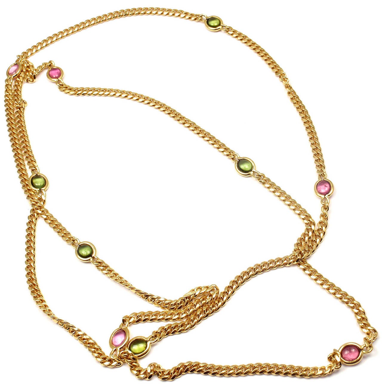 Tiffany & Co. Pink and Green Tourmaline Gold 35 Inch Link Necklace In New Condition In Holland, PA