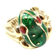 Vintage David Webb Ruby Green Enamel Yellow Gold Frog Ring