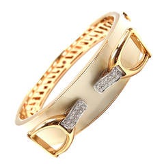 Roberto Coin Cheval Stirrup Diamond Enamel Yellow Gold Bangle Bracelet