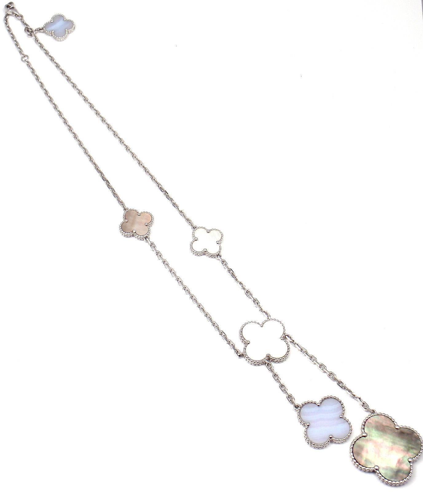 Van Cleef & Arpels Magic Alhambra 18k White Gold 6 Motifs Chalcedony, White & Grey Mother of Pearl Necklace.
With 6 motifs of chalcedony, white & grey mother of pearl magic alhambra
26mm grey mother of pearl, 20 white mother of pearl &