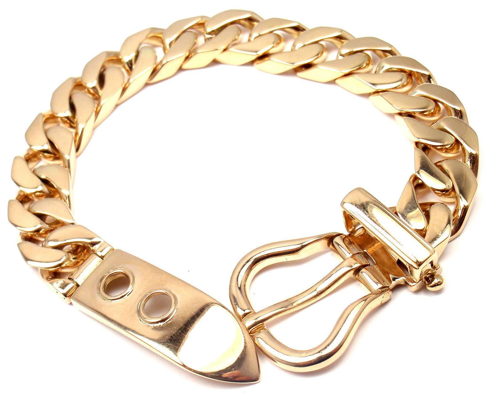 18k Yellow Gold Curb Link Chain Large Buckle Bracelet by Hermes. 

Details: 
Length: 8