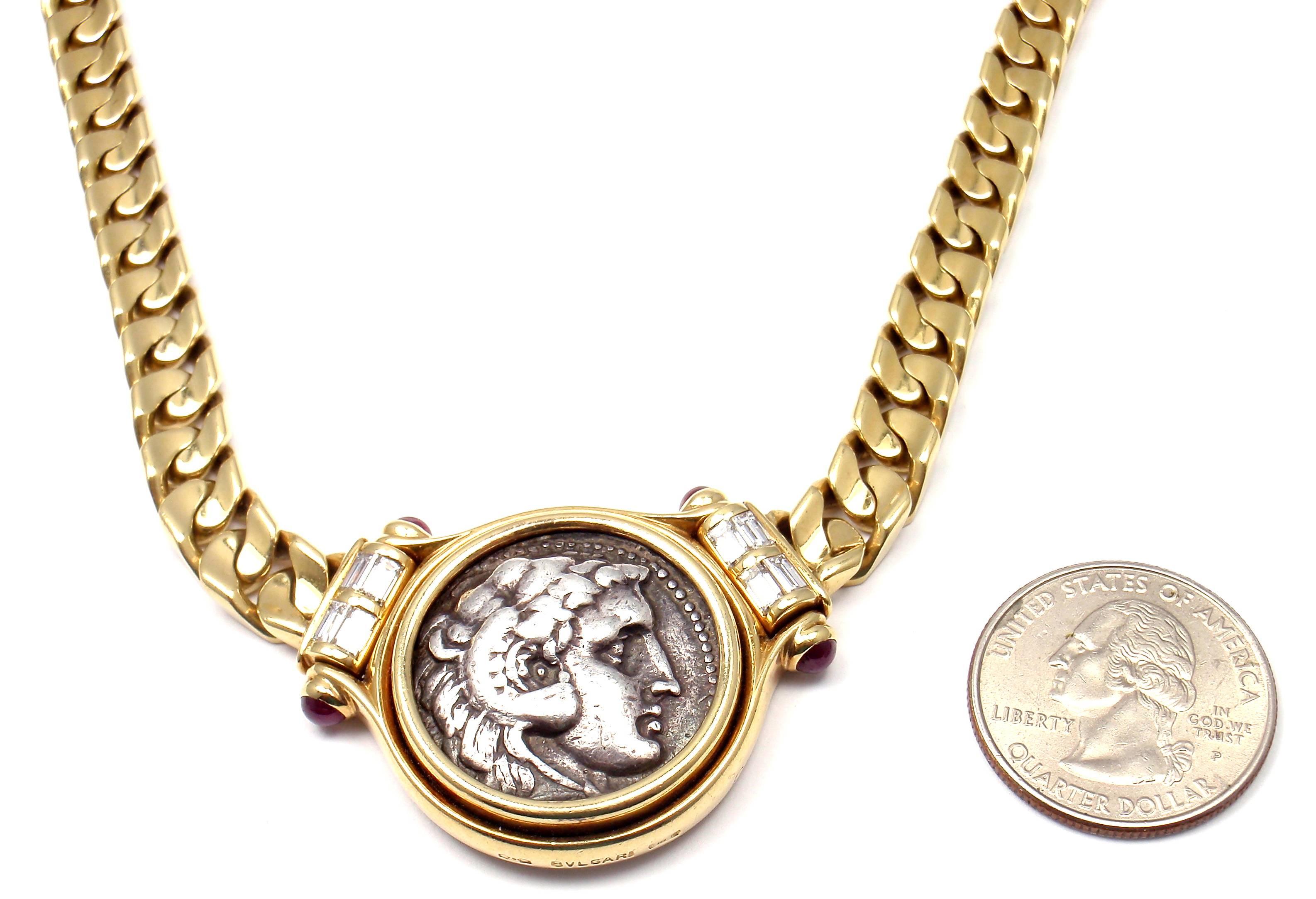Bulgari Large Ancient Roman Coin Ruby Diamond Gold Link Necklace In New Condition In Holland, PA