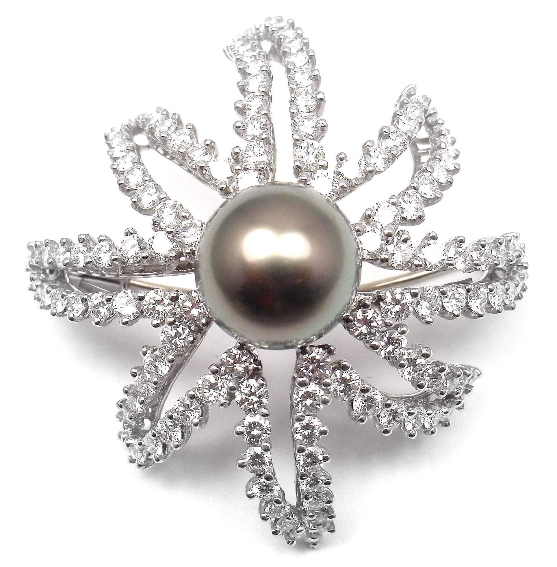 Women's or Men's Tiffany & Co. Fireworks Tahitian Pearl Diamond Platinum Pin Brooch