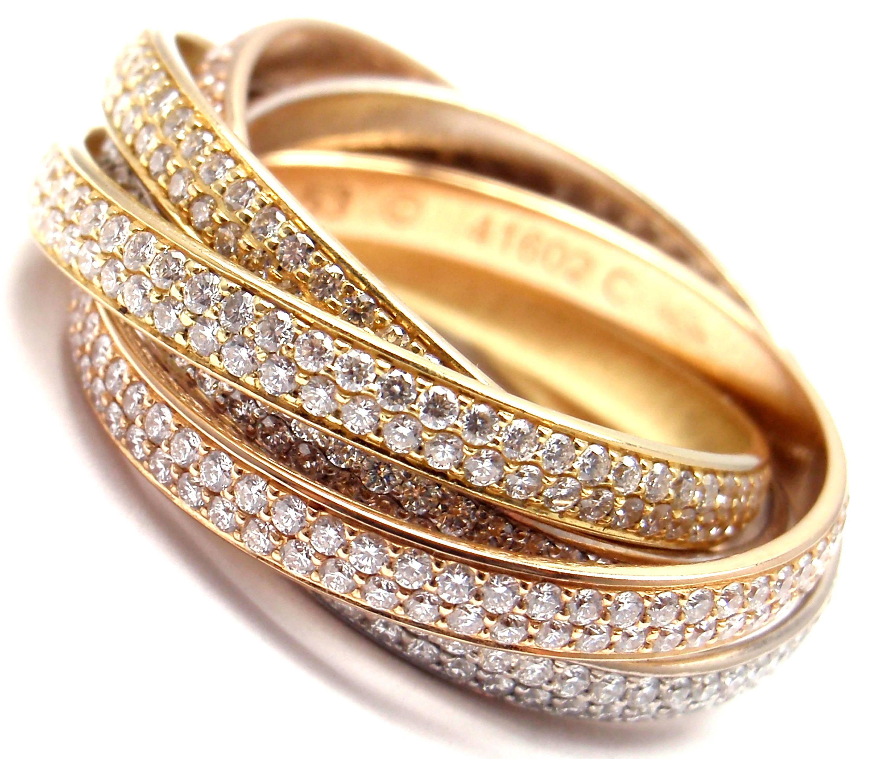 Women's or Men's Cartier Pave Diamond Three Color Gold Two For Trinity Six Band Ring