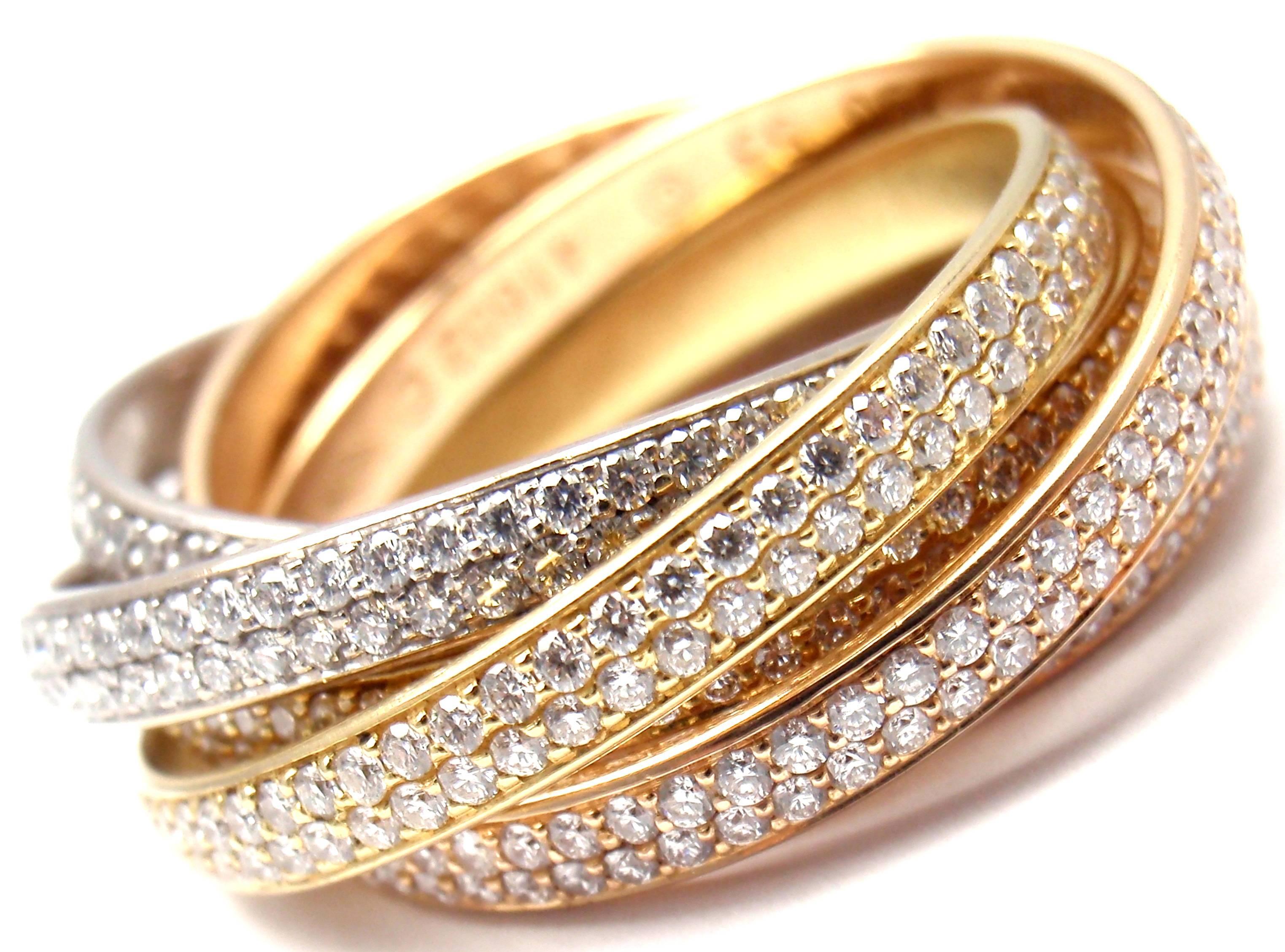 Cartier Pave Diamond Three Color Gold Two For Trinity Six Band Ring 1