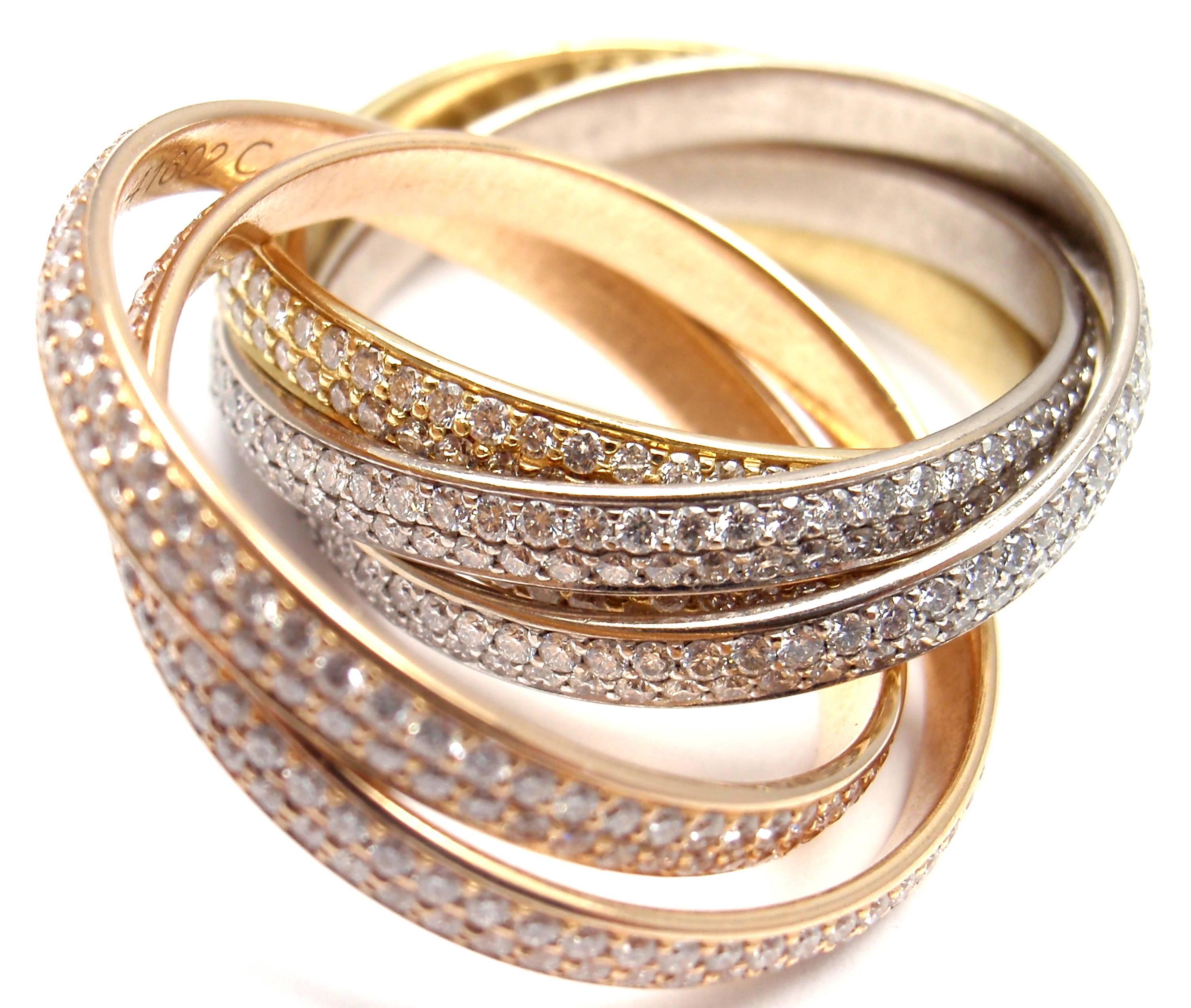 18k Tri-Color Gold Pave Diamond Two For Trinity Six Band Ring by Cartier.
With 744 Round Brilliant cut diamonds VVS1 clarity, F-H color total weight approx. 2.67ct
Retail Price: $54,000 plus tax

Details:
Size: European 53 US 6 1/4
Weight: 10