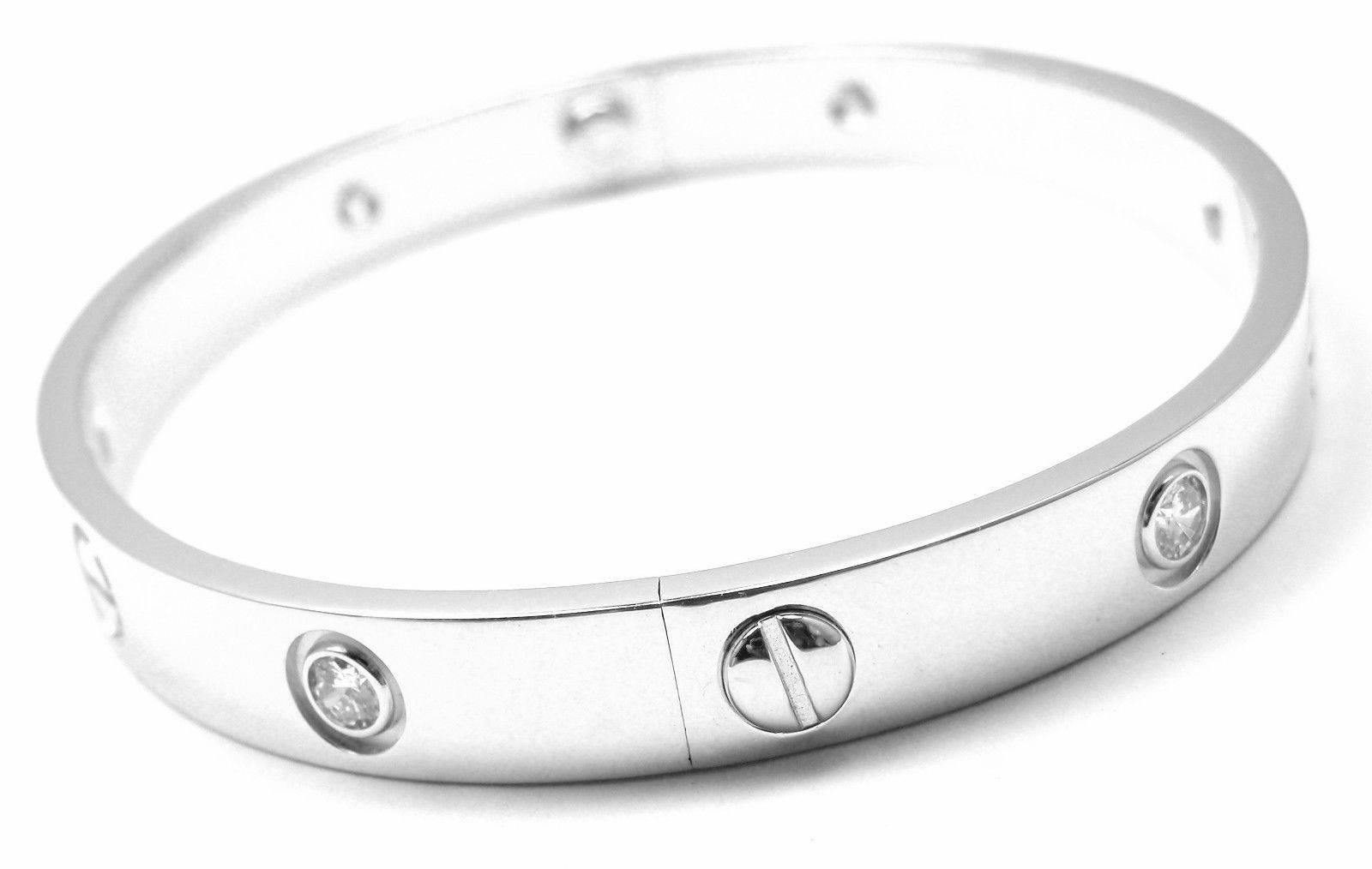 18k White Gold Cartier LOVE Bangle Bracelet, size 17.
With 6 brilliant round cut diamonds, VS1 clarity, E-F color total weight approx. .30ct
This bracelet comes with original Cartier box and a screwdriver.

Details:
Size: 17cm
Weight:  31.6