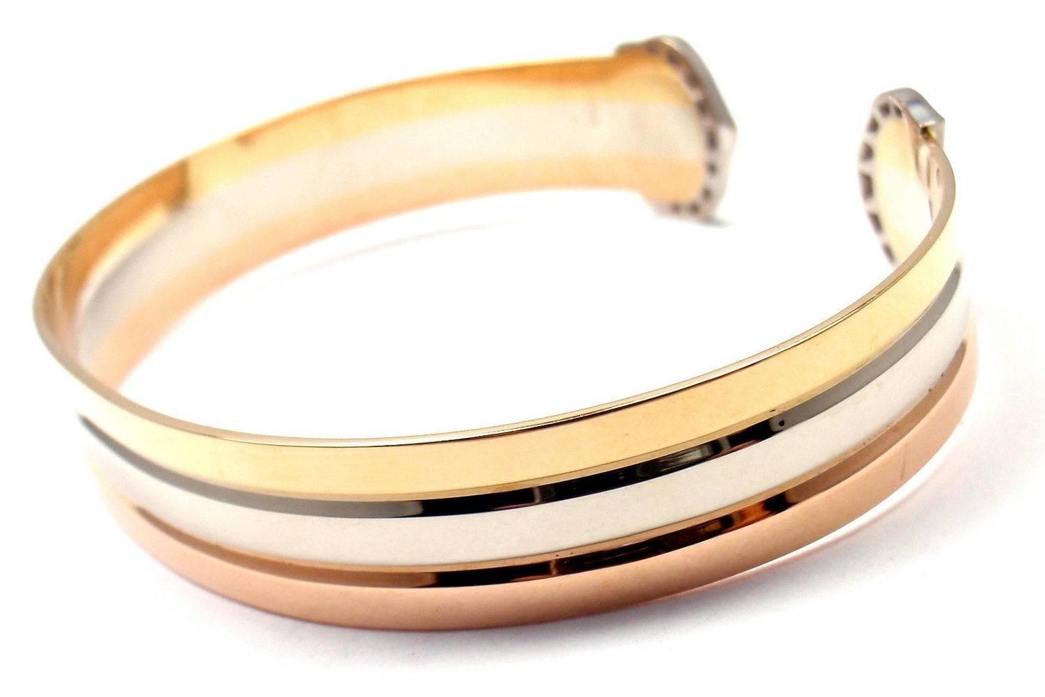 Cartier Diamond Tricolor Gold Double C Cuff Bangle Bracelet at 1stdibs