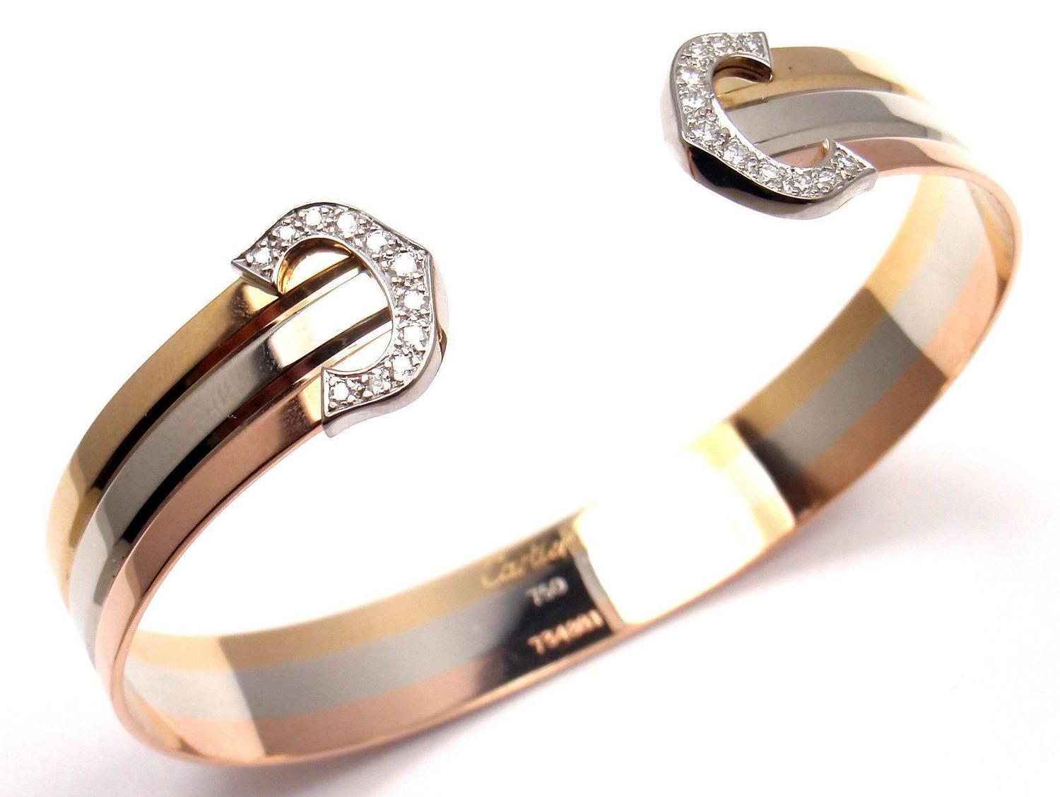 Cartier Diamond Tricolor Gold Double C Cuff Bangle Bracelet at 1stdibs