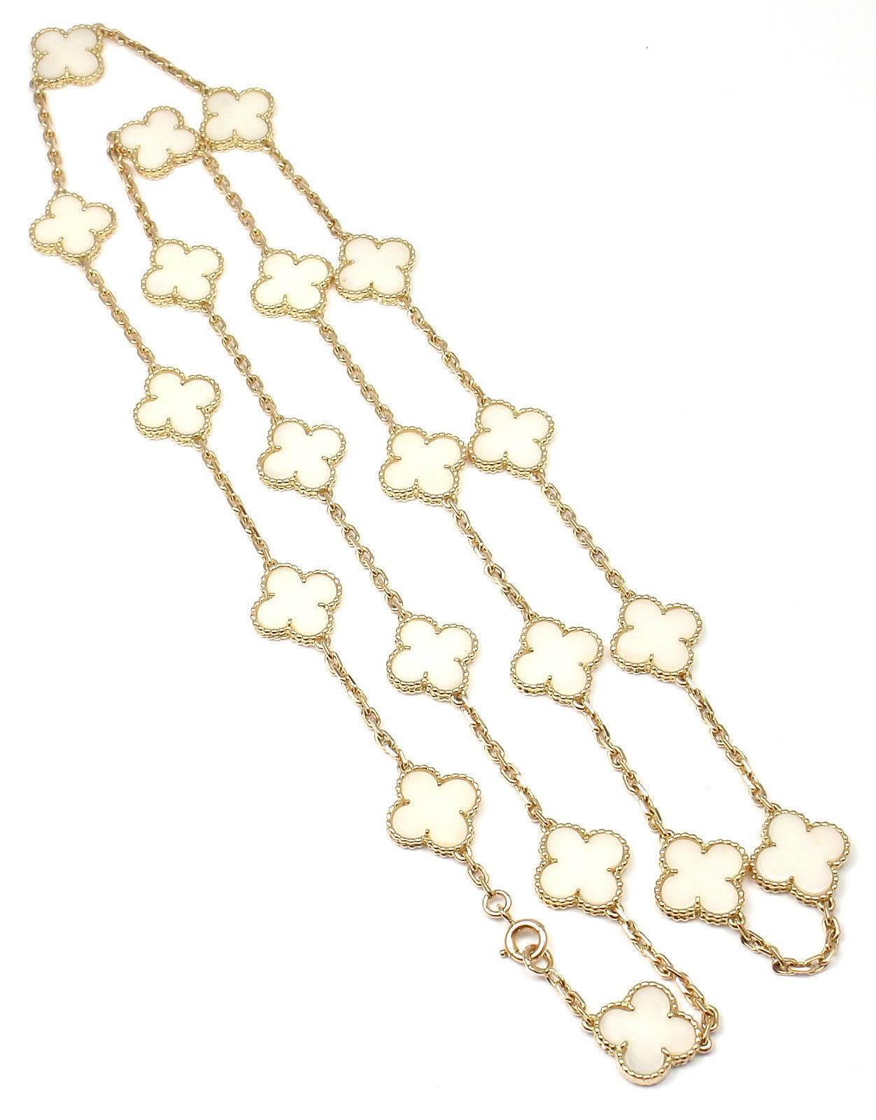 Van Cleef & Arpels Vintage White Coral 20 Motifs Alhambra Yellow Gold Necklace.
With 20 motifs of white coral alhambra stones 15mm each
This necklace comes with a Van Cleef & Arpels service paper and a box.

*** This is an extremely rare, early,