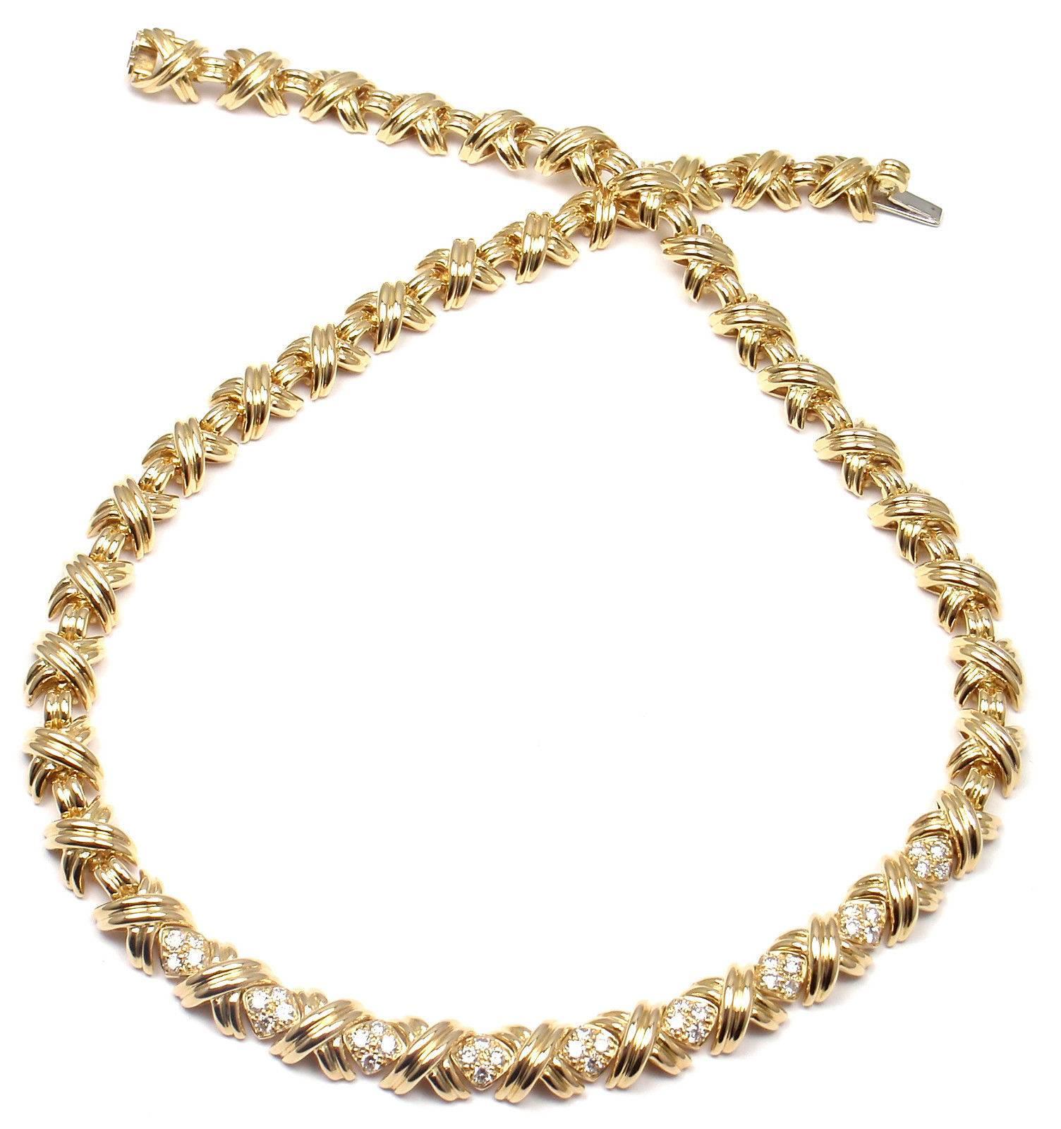18k Yellow Gold Diamond Signature X Necklace by Tiffany & Co. 
With 36 round brilliant cut diamonds VS1 clarity, G color total weight approx. 1.08ct
Details: 
Necklace Length: 16