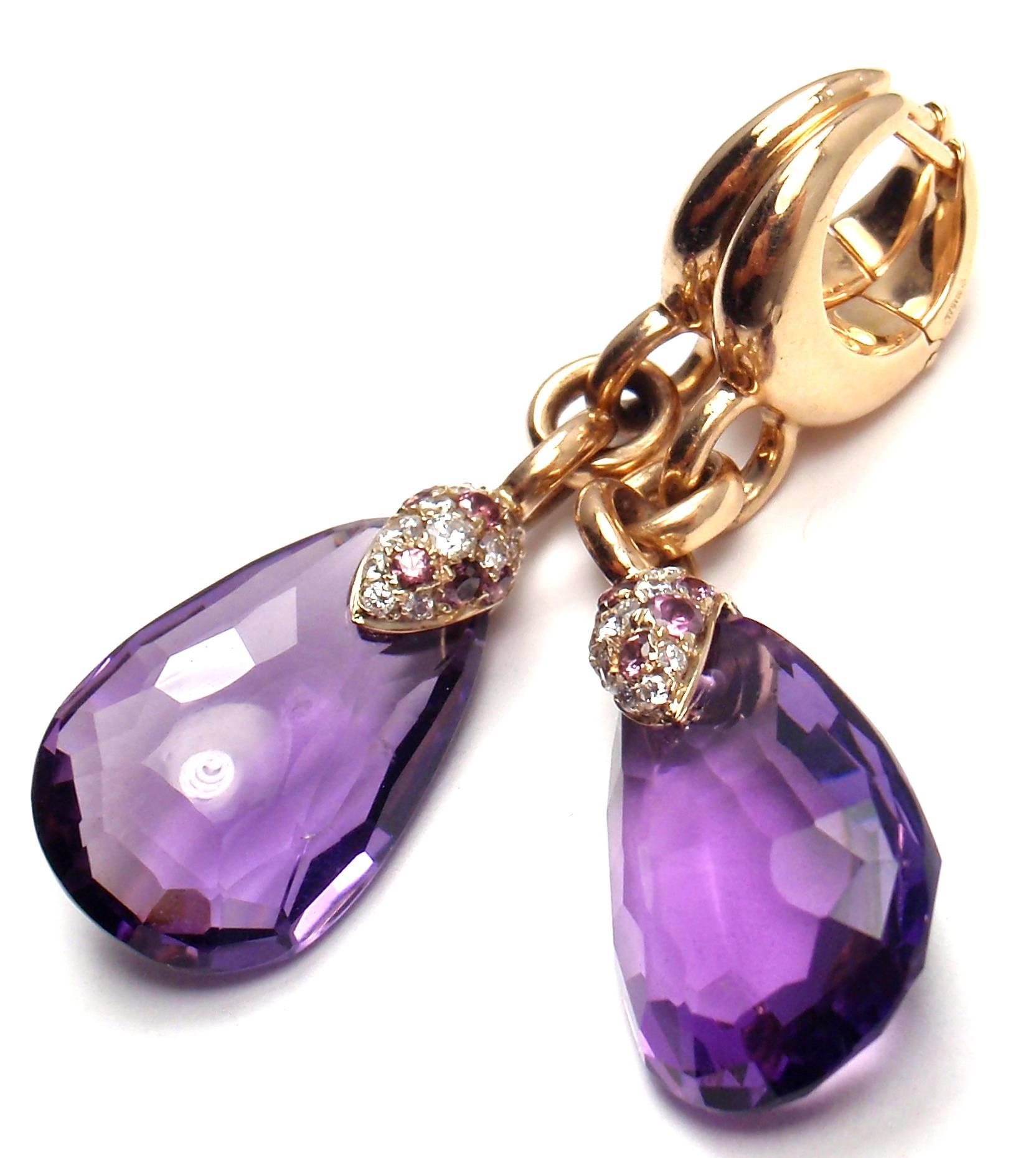 18k Yellow Gold Diamond Amethyst Earrings by Pomellato. 
These earrings come with an original Pomellato box and a certificate. 
With diamonds total weight approx. .25ct
2 large amethysts approx. 7ct

Details: 
Measurements: 1 3/4