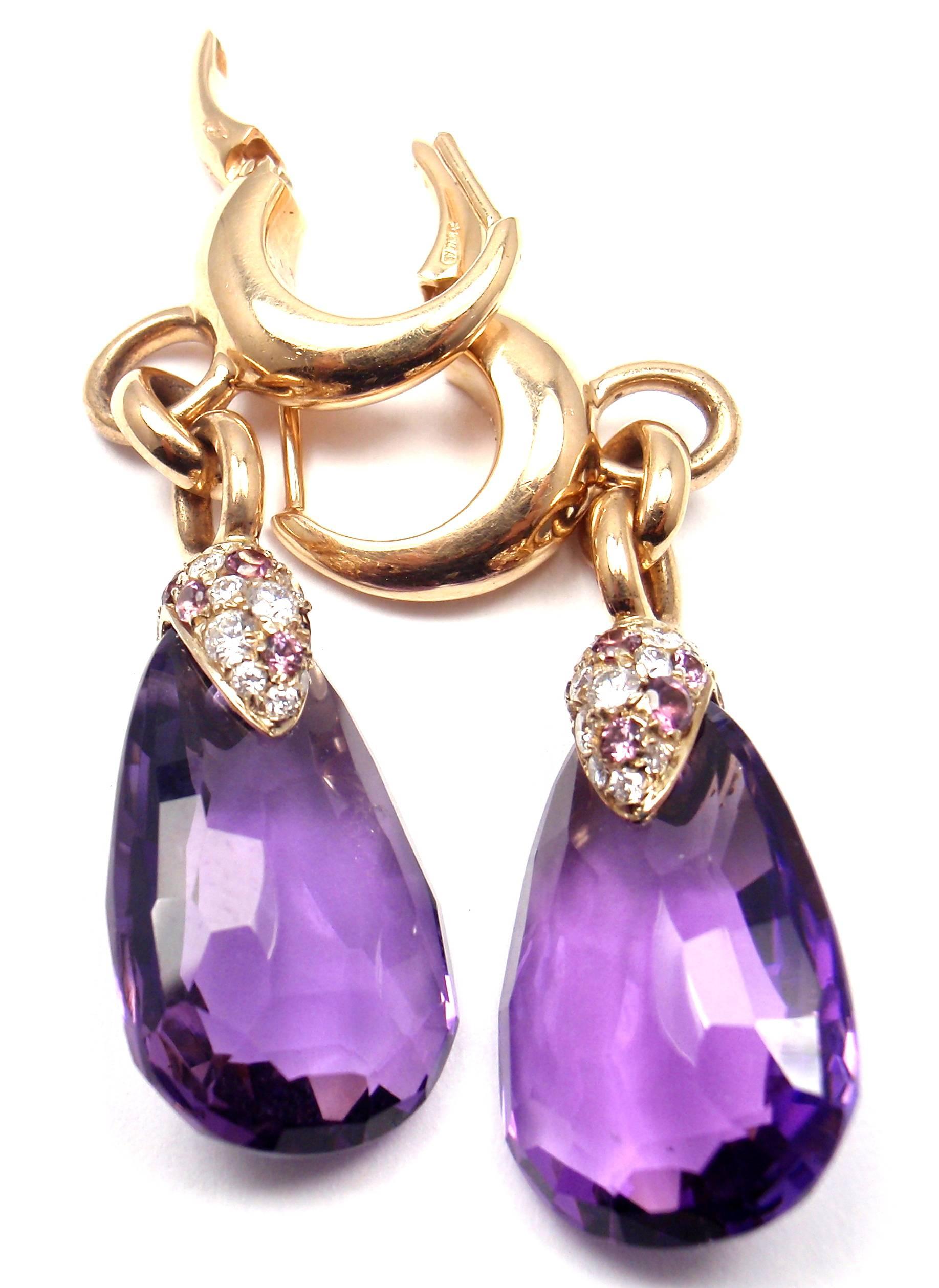 Women's or Men's Pomellato Amethyst Drop Diamond Gold Earrings