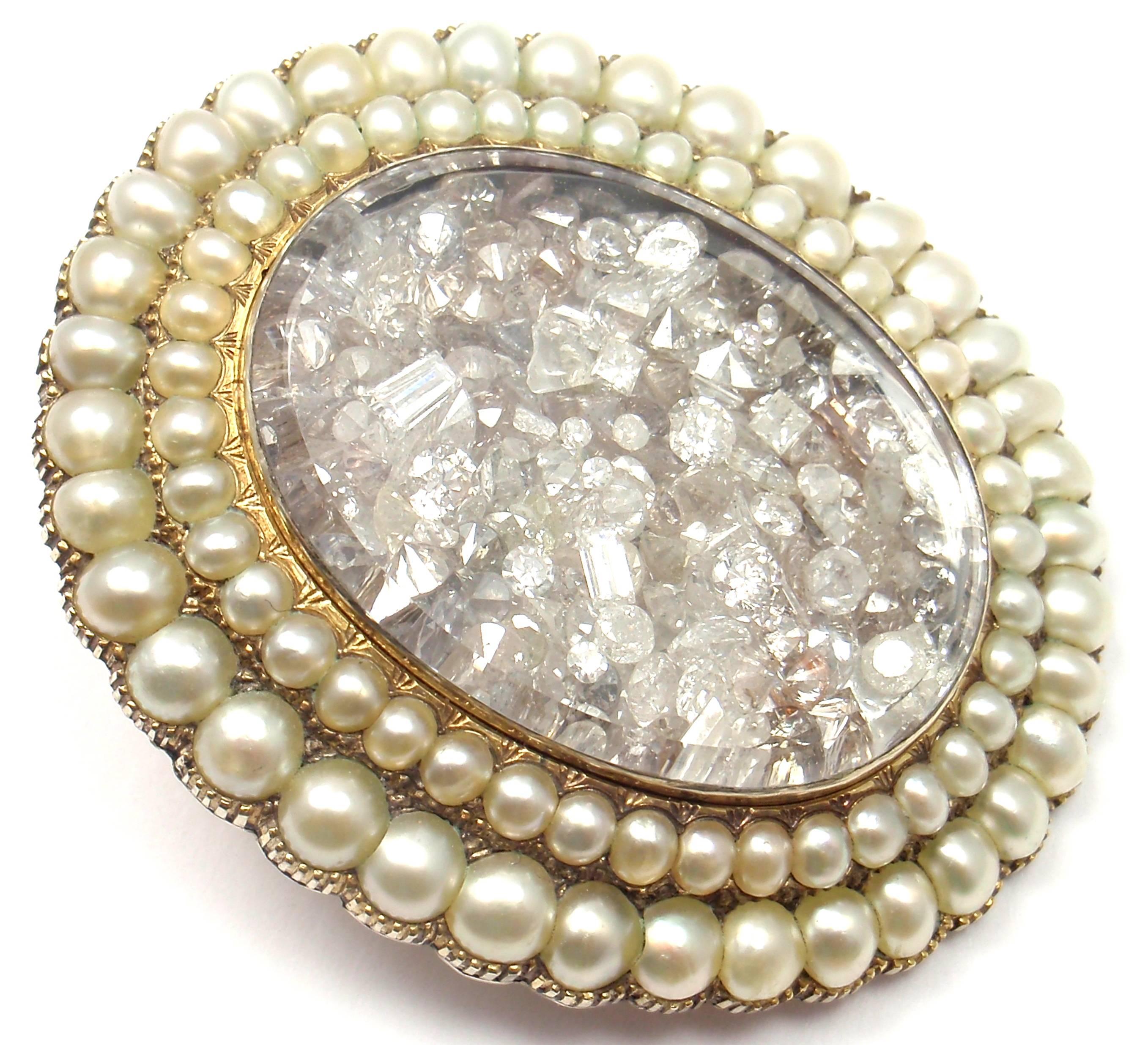 18k Yellow Gold Diamond And Natural Pearl Brooch by Renee Lewis. 
With Diamonds VS2 clarity, G color total weight approx. 9.88ct
76 Natural Pearls
Details: 
Measurements: 1 3/4
