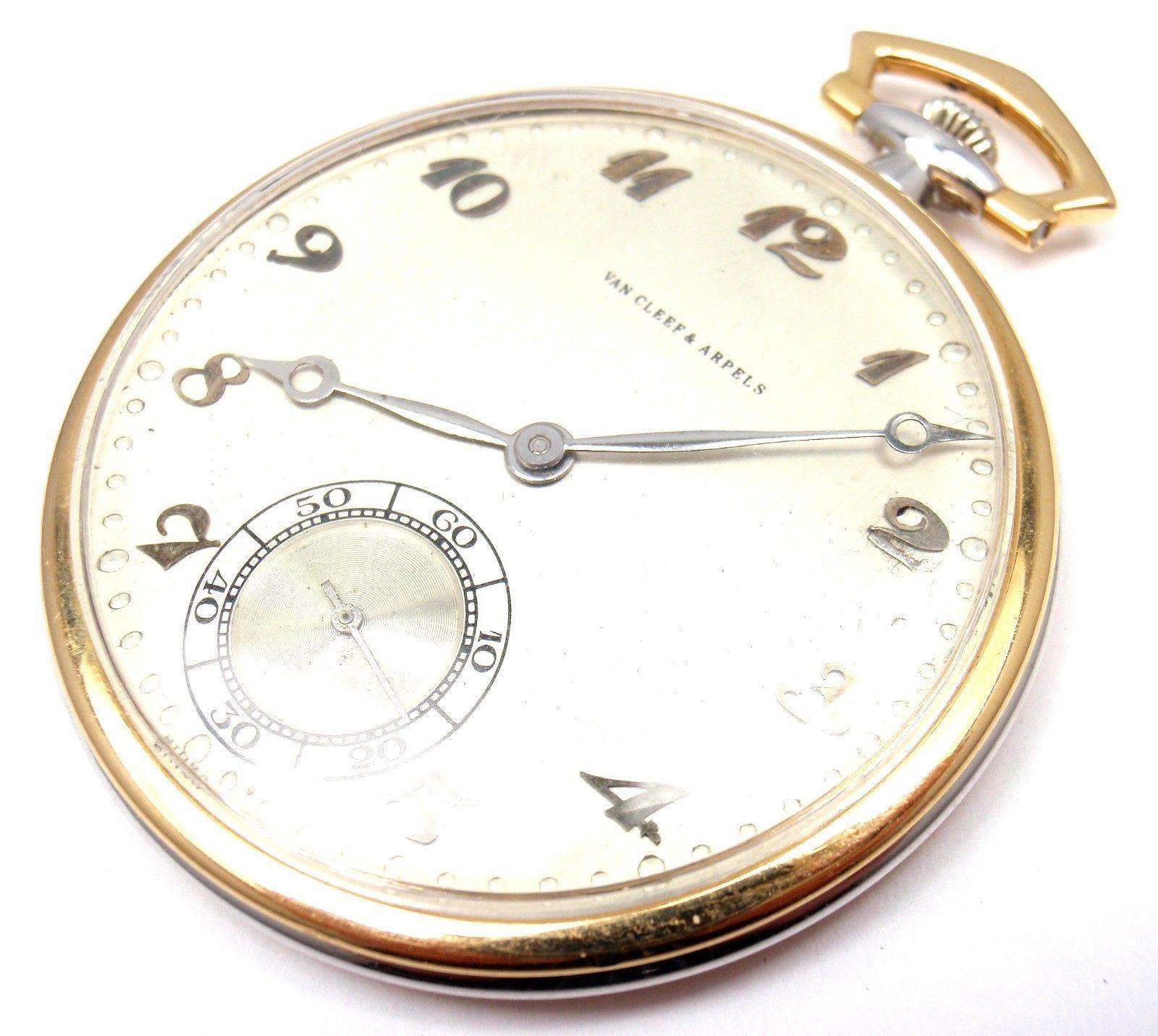 18k yellow gold and white gold pocket watch by Tissot Locle for Van Cleef & Arpels.
This watch works great, fully functional. 

Details:
Case Size: 45.5mm
Weight: 52.5 grams
Dial: Brushed White
Movement: Manual 16 jewels
Stamped Hallmarks: