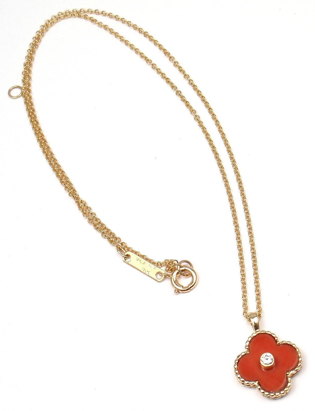 18k Yellow Gold Vintage Coral Alhambra Diamond Necklace.
With 1 Round brilliant cut diamond .06ct F/VS1
Alhambra cut coral 
Details: 
Measurements: 16'' necklace, 1mm, 
Pendant is 15mm x 15mm 
Weight: 5 grams 
Stamped Hallmarks: VCA 18k NY