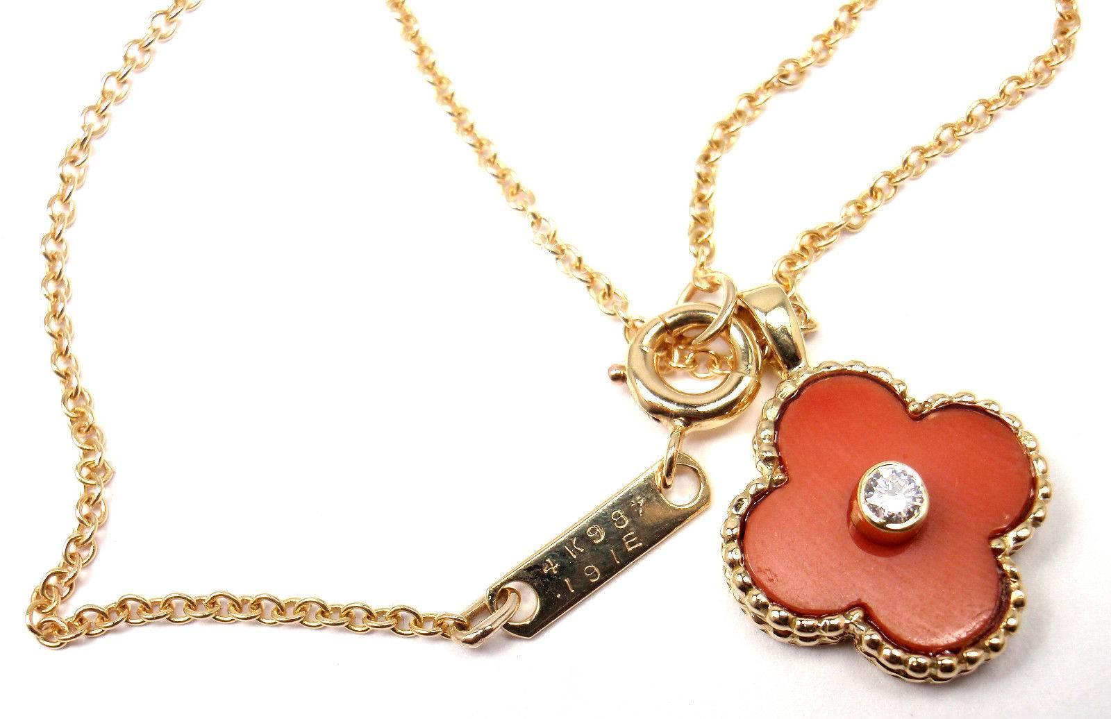 Van Cleef & Arpels Vintage Alhambra Diamond Coral Yellow Gold Pendant Necklace In New Condition In Holland, PA