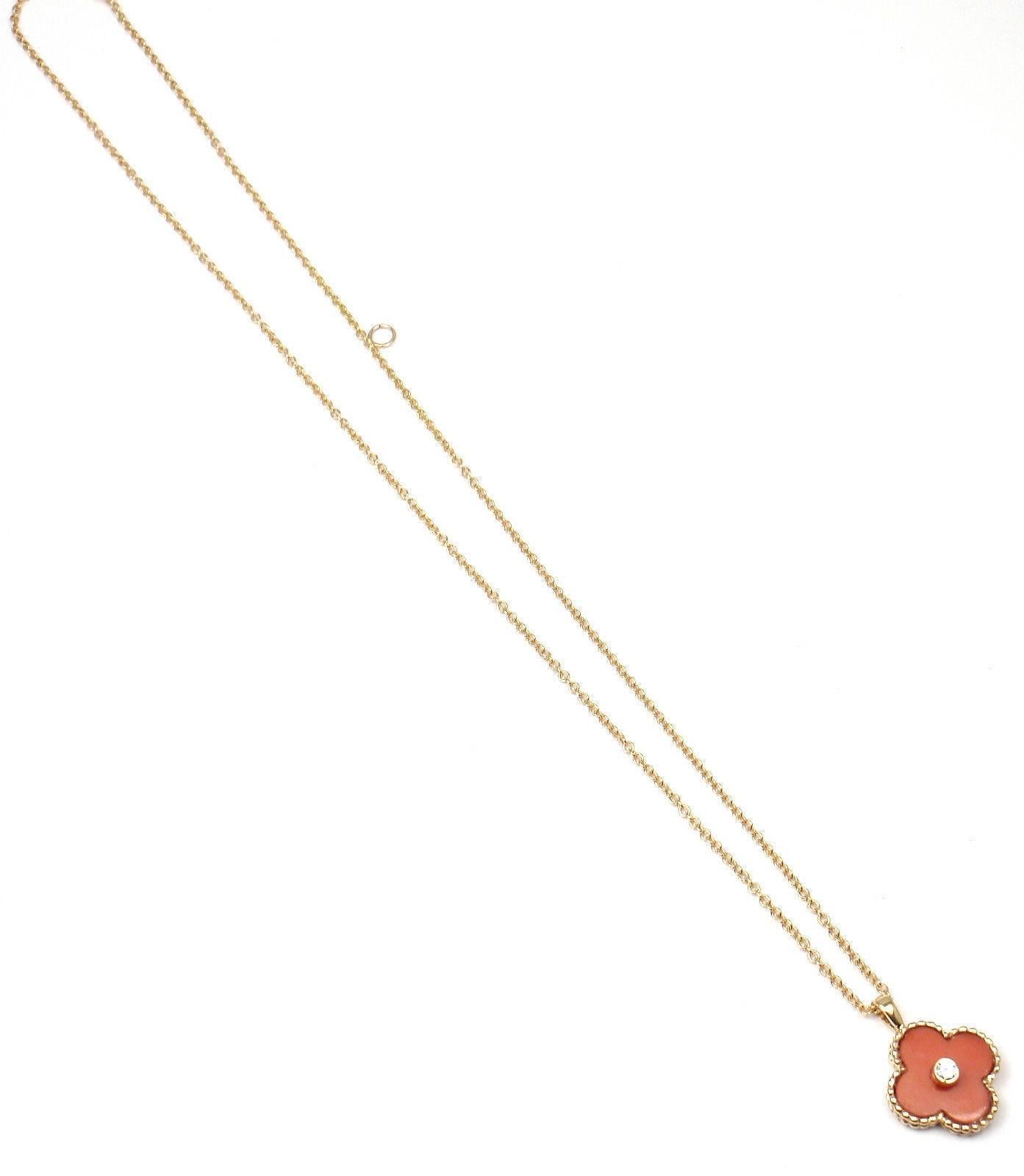 Women's or Men's Van Cleef & Arpels Vintage Alhambra Diamond Coral Yellow Gold Pendant Necklace