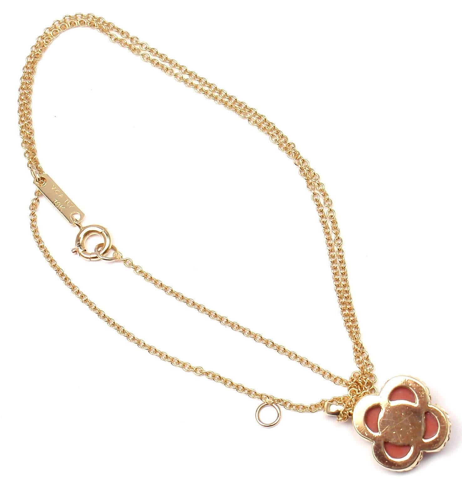 Van Cleef & Arpels Vintage Alhambra Diamond Coral Yellow Gold Pendant Necklace 1