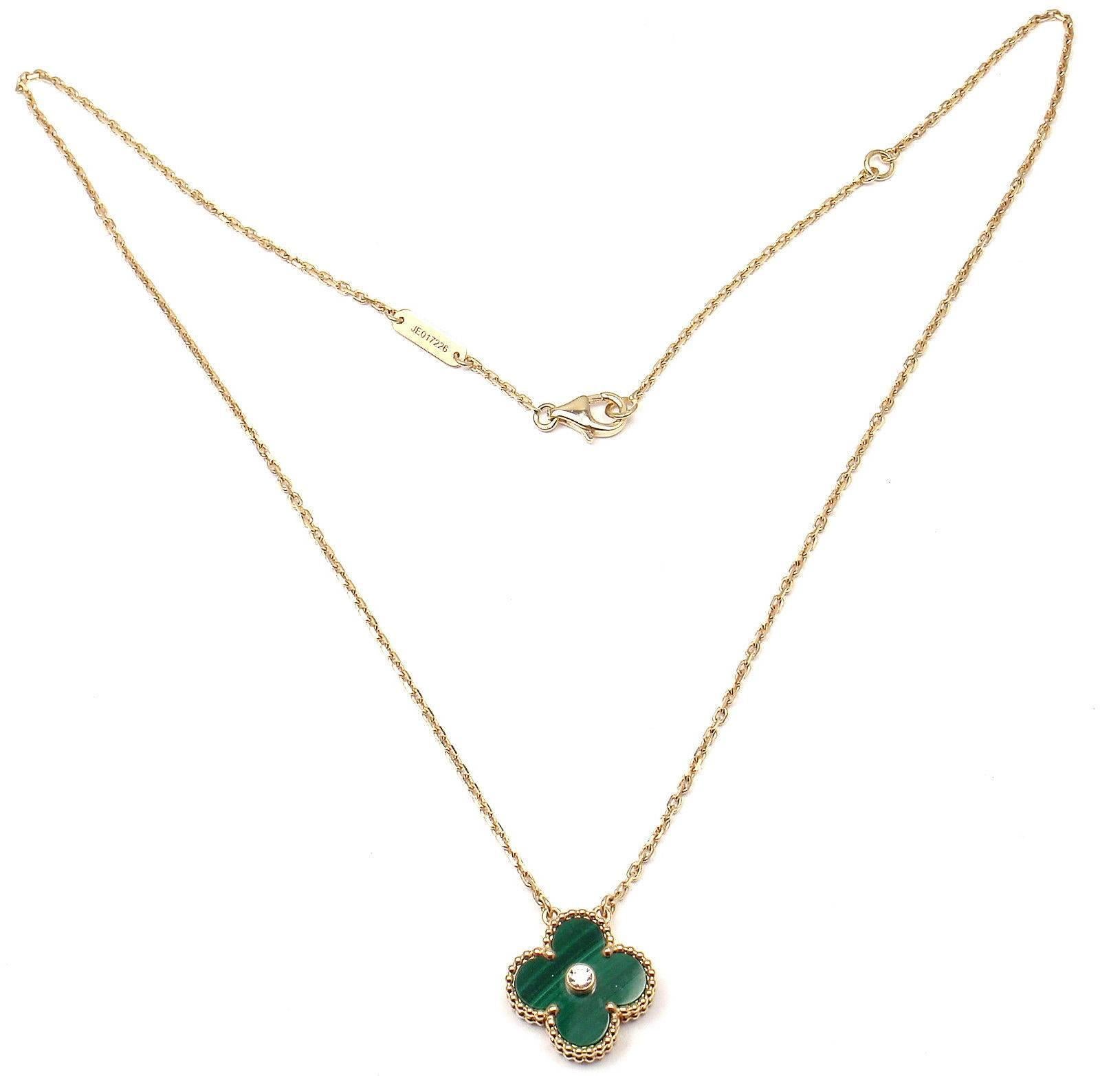18k Yellow Gold Limited Edition Alhambra Diamond Malachite  Necklace
With 1 alhambra shape malachite  and a round brilliant cut diamond VVS1 clarity, D color total weight approx. .05ct
This necklace was created in limited by Van Cleef & Arpels to