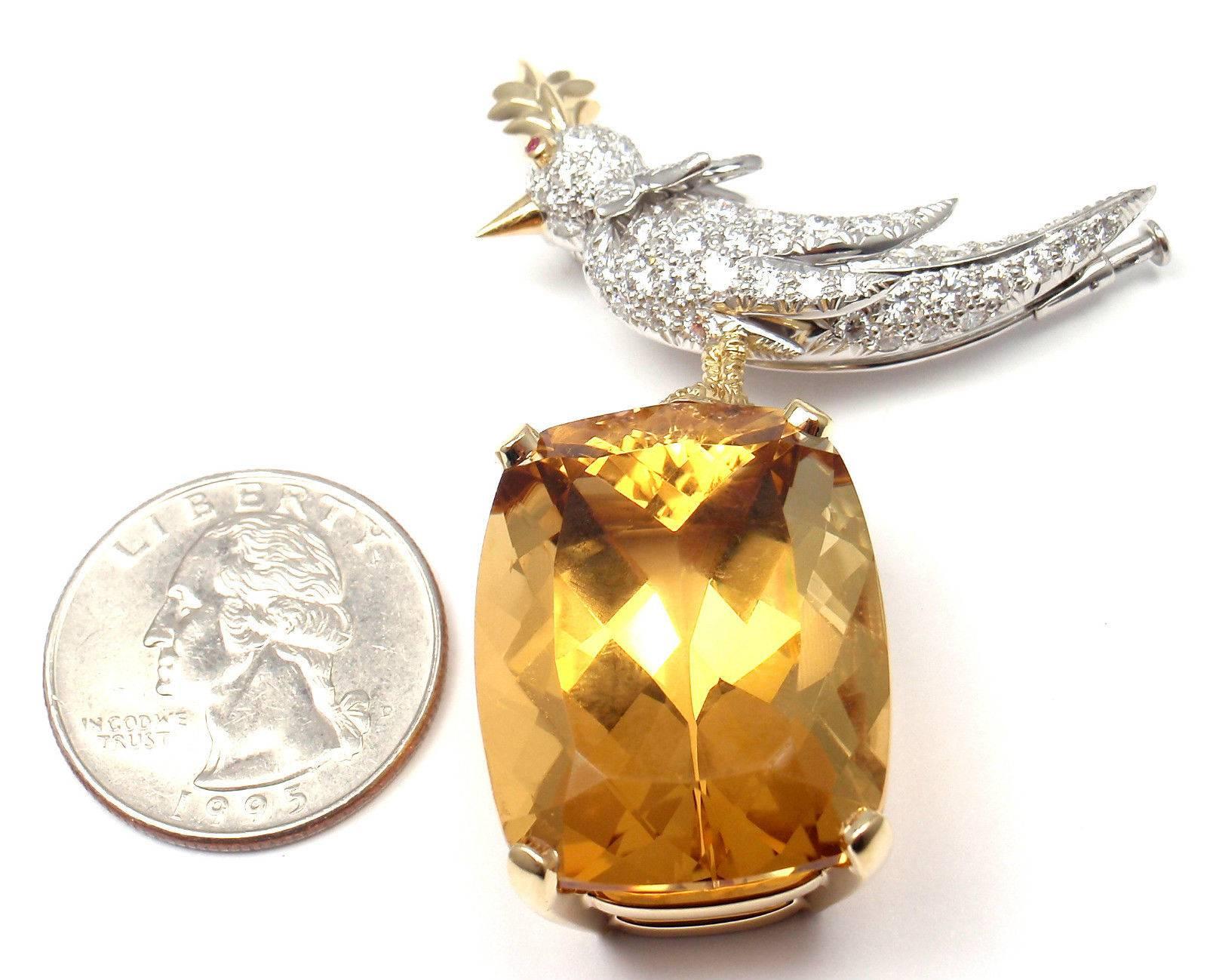 Tiffany & Co. Schlumberger Citrine Diamond Gold Bird on a Rock Brooch 2