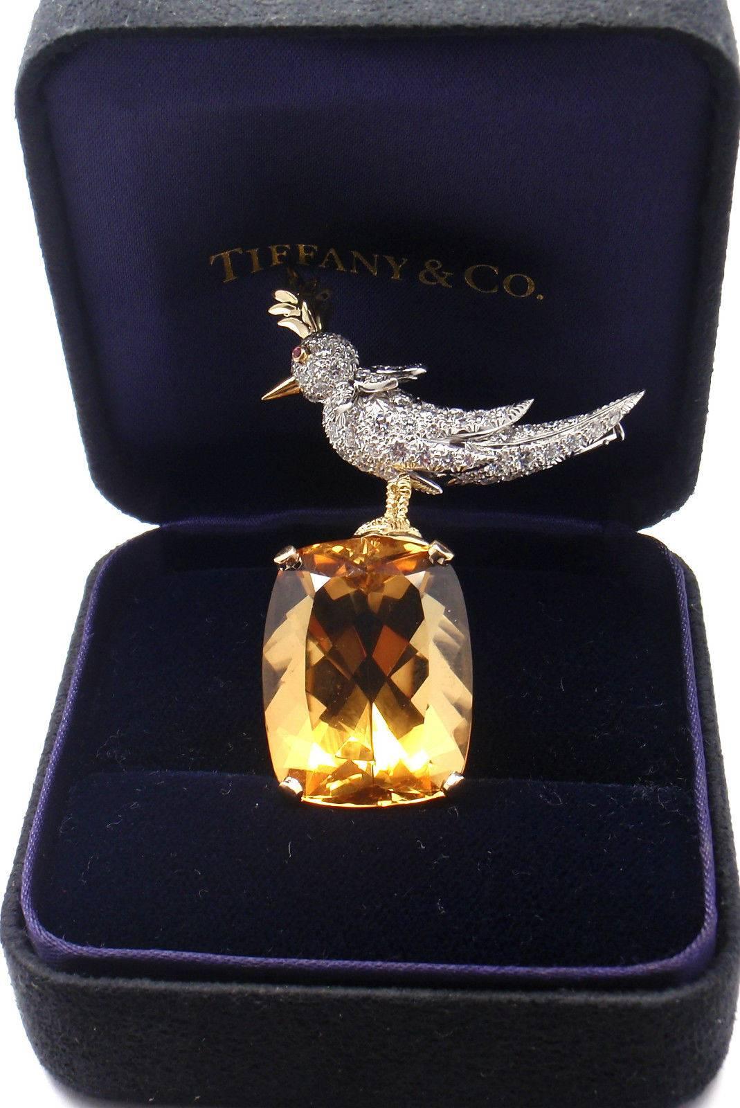 Tiffany & Co. Schlumberger Citrine Diamond Gold Bird on a Rock Brooch 1