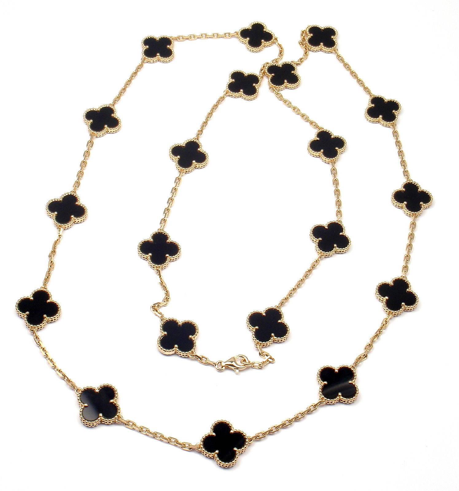 18k Yellow Gold Alhambra Twenty-Motif Black Onyx Necklace by 
Van Cleef & Arpels, with 20 motifs of black onyx Alhambra stones, 15mm each.

Details: 
Length: 33.5