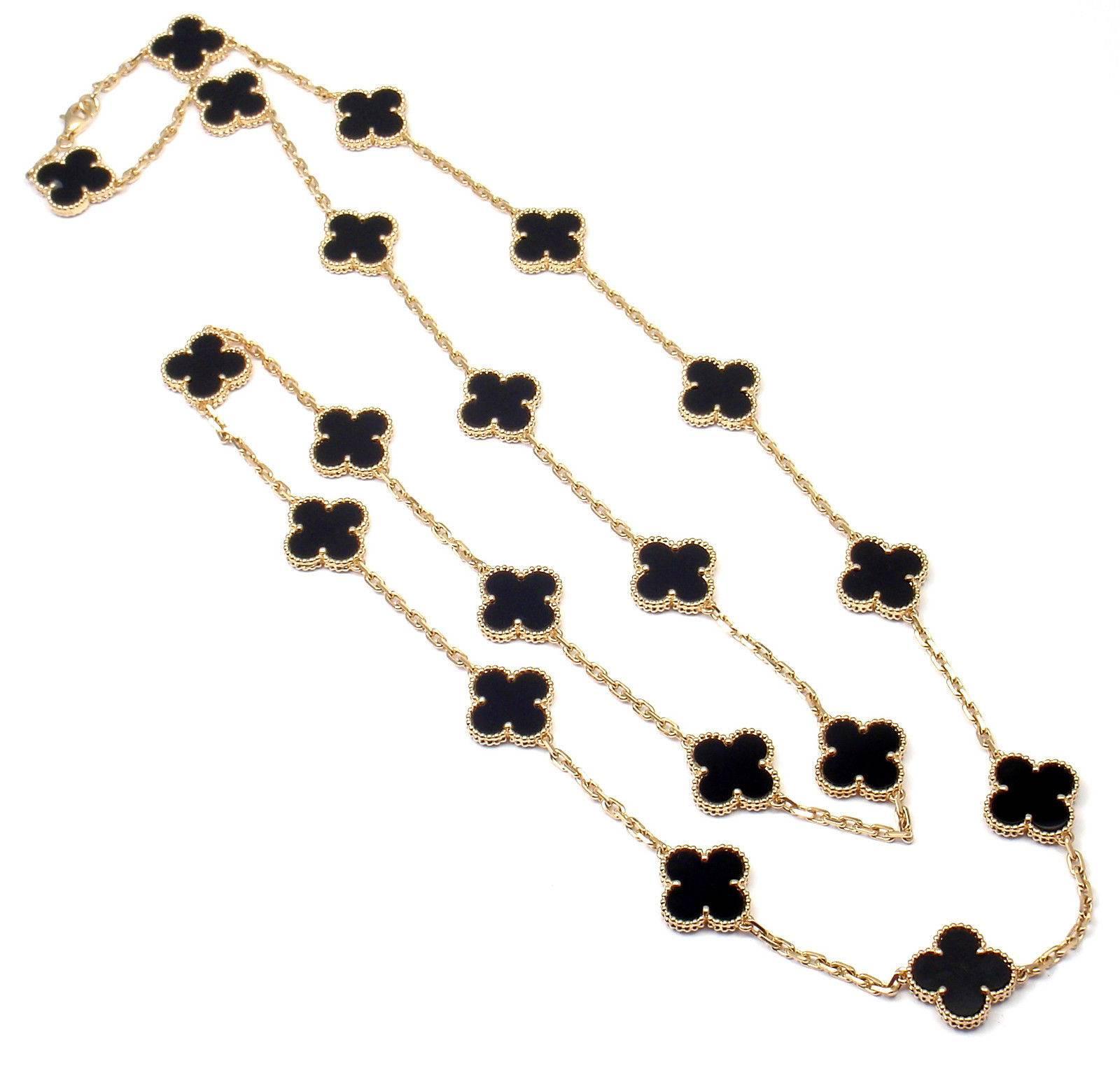 Van Cleef & Arpels Vintage Alhambra Twenty-Motif Black Onyx Gold Necklace In New Condition In Holland, PA