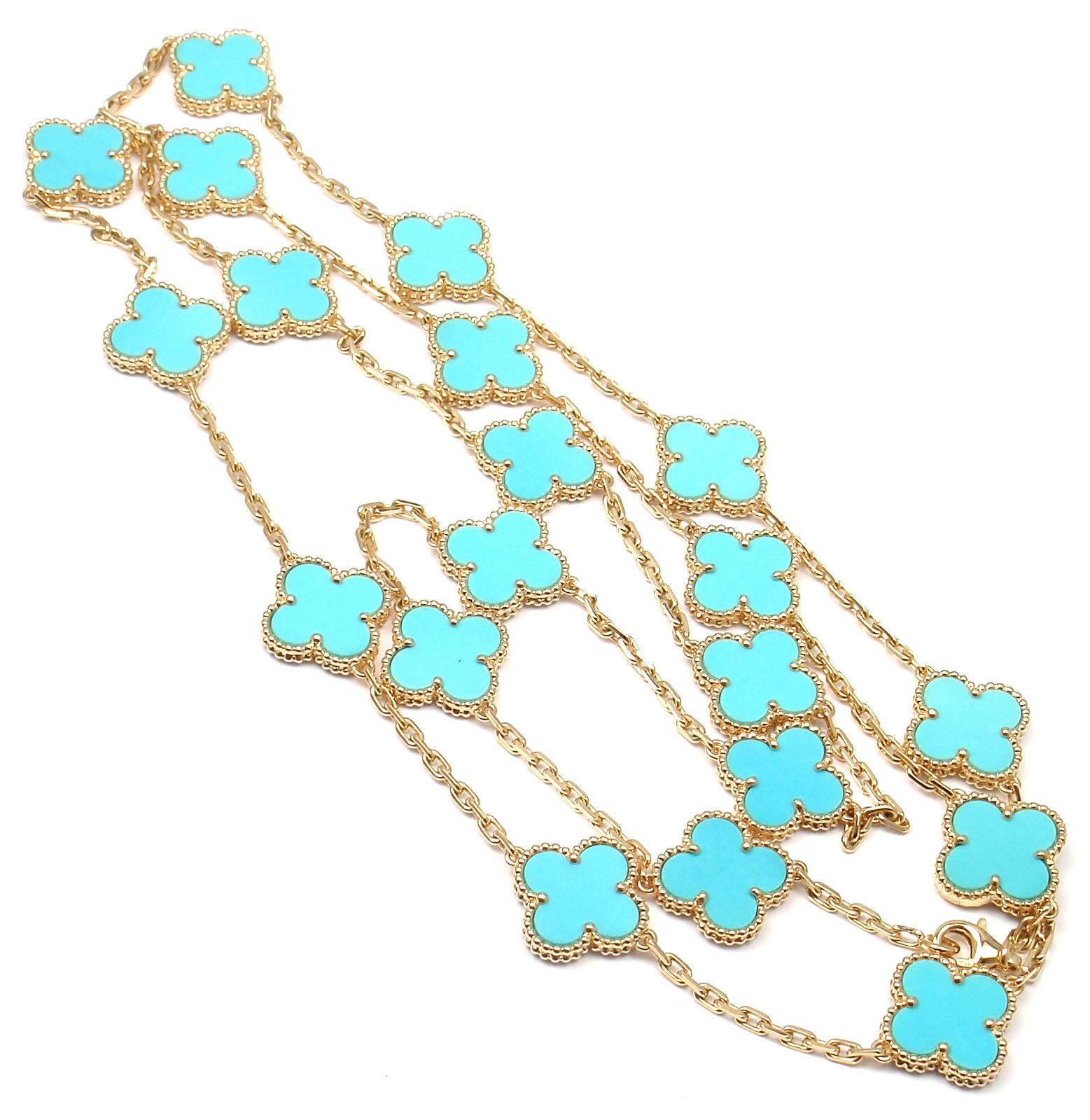 18k Yellow Gold Alhambra Twenty-Motif Turquoise Necklace by 
Van Cleef & Arpels, with 20 motifs of Turquoise Alhambra stones, 15mm each.

Details: 
Length: 33.5