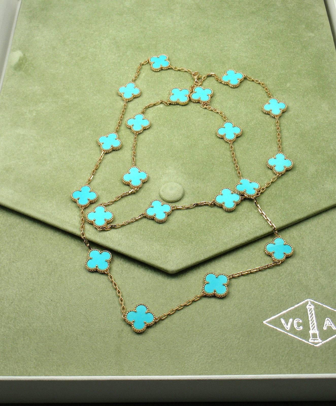 Van Cleef & Arpels Vintage Alhambra Twenty Motif Turquoise Gold Necklace In New Condition In Holland, PA