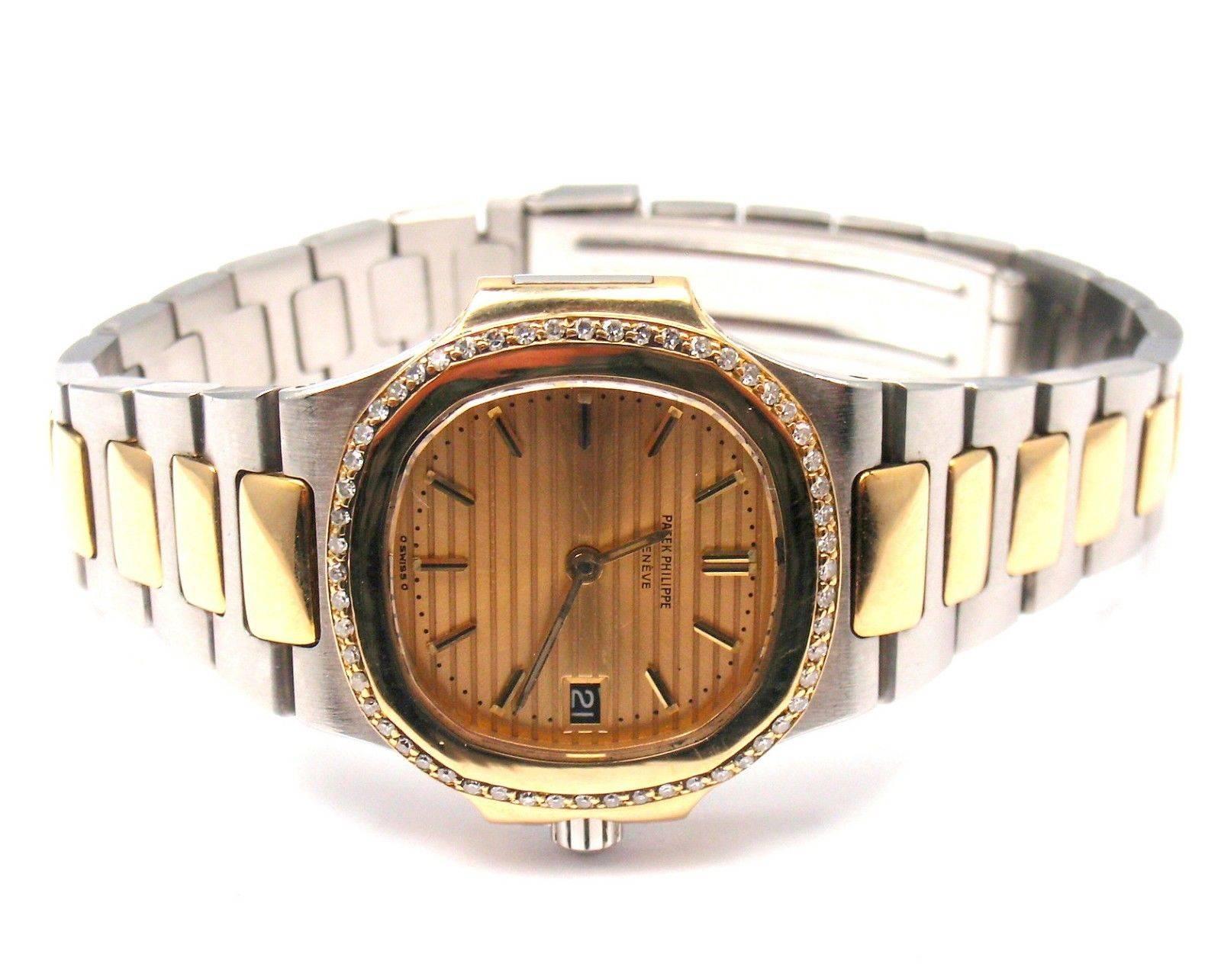 Patek Philippe Yellow Gold Stainless Steel Diamond Nautilus Quartz Wristwatch In New Condition In Holland, PA