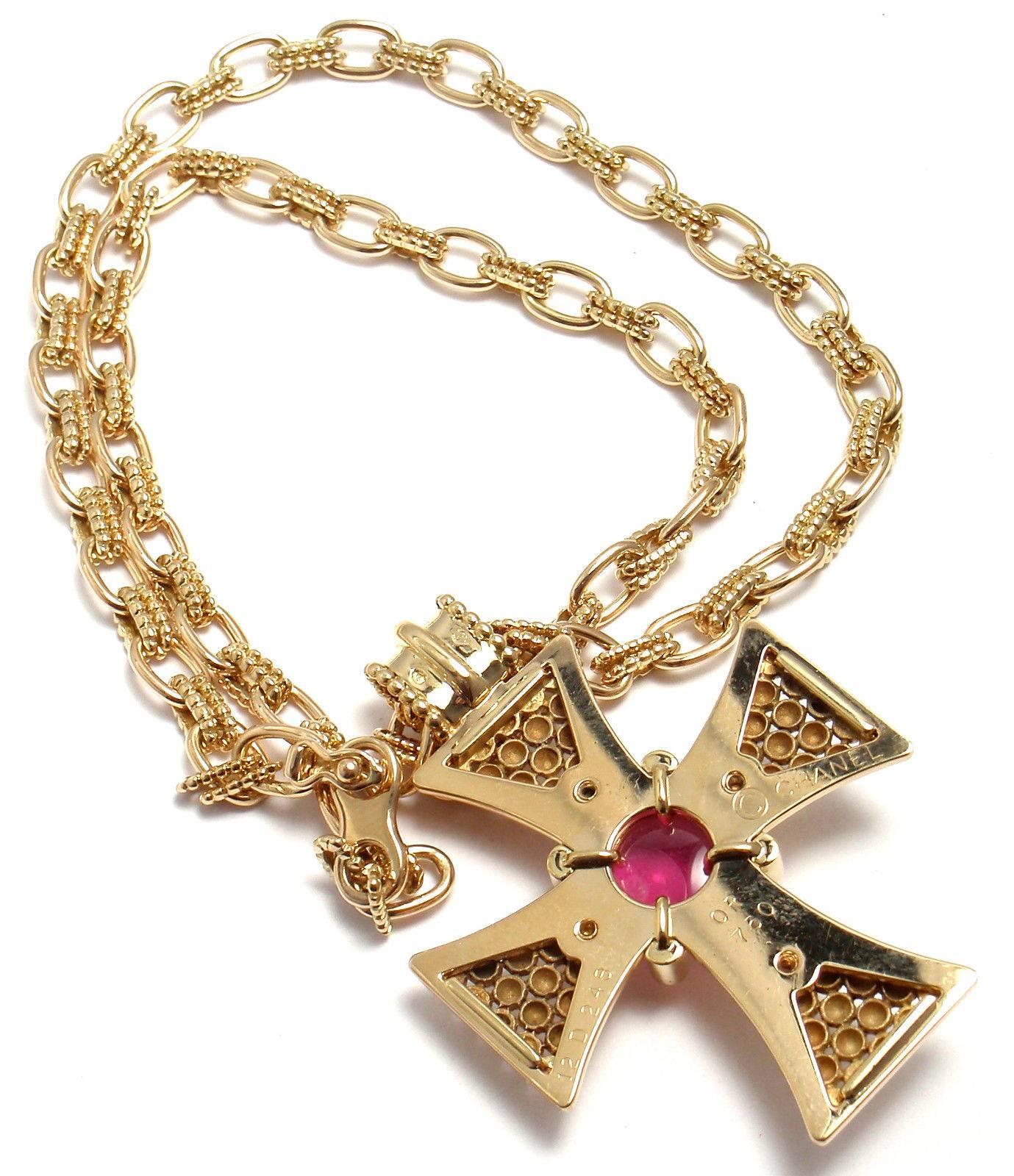 Chanel Pink Tourmaline Gold Maltese Cross Pendant Necklace In New Condition In Holland, PA