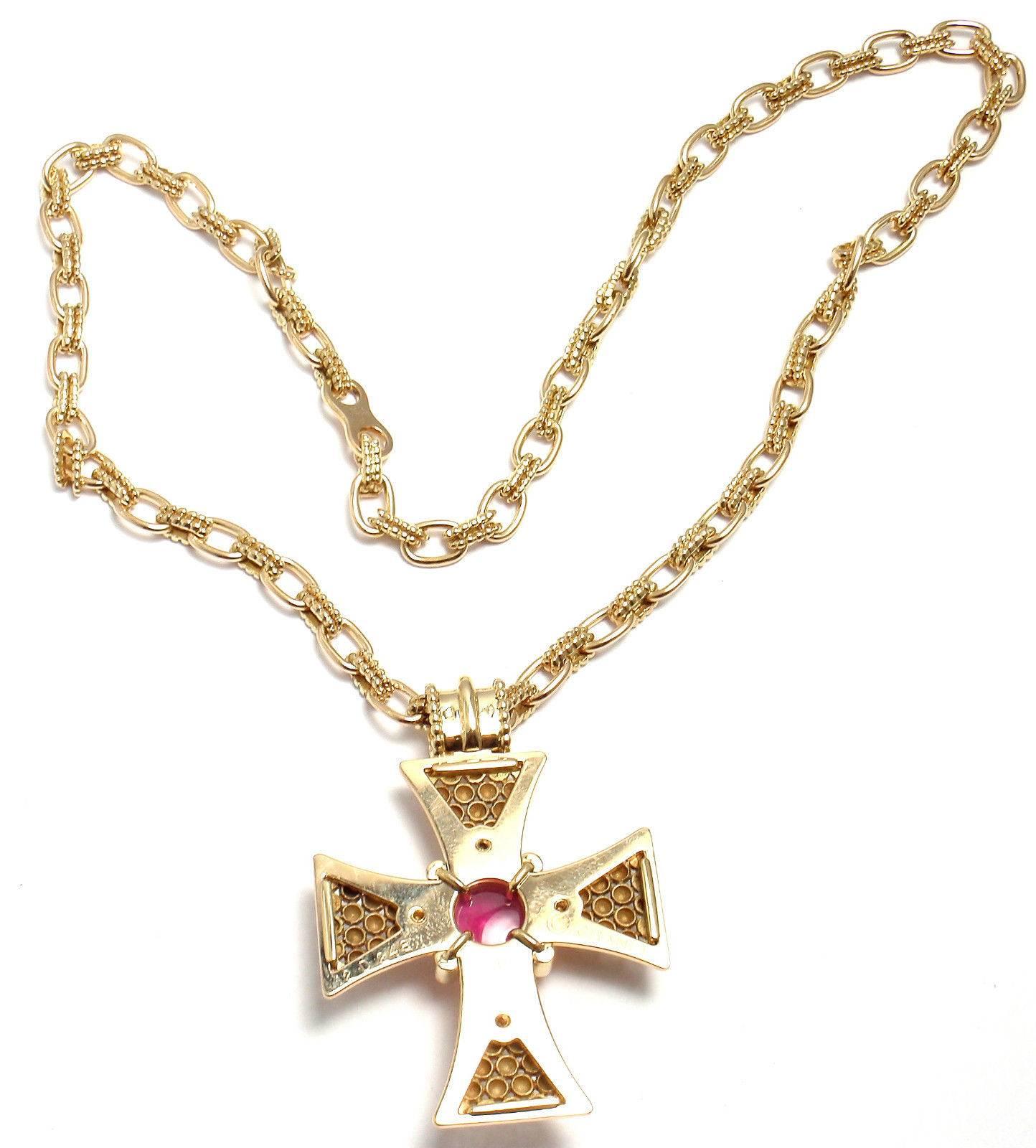 Women's or Men's Chanel Pink Tourmaline Gold Maltese Cross Pendant Necklace