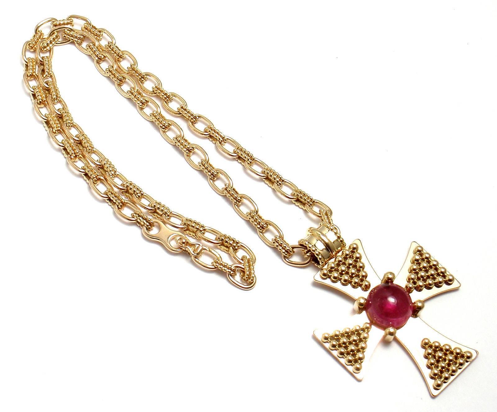 Chanel Pink Tourmaline Gold Maltese Cross Pendant Necklace 1