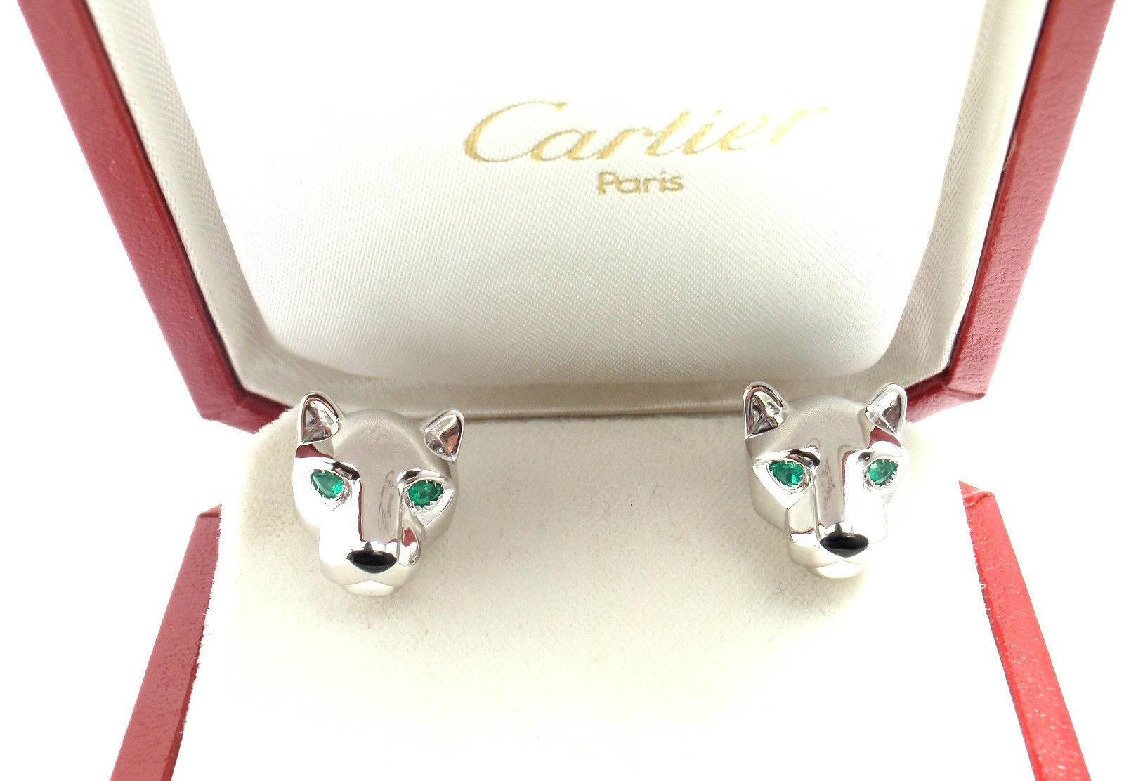 Cartier Panthere Panther Black Onyx Emerald Gold Cufflinks In New Condition In Holland, PA