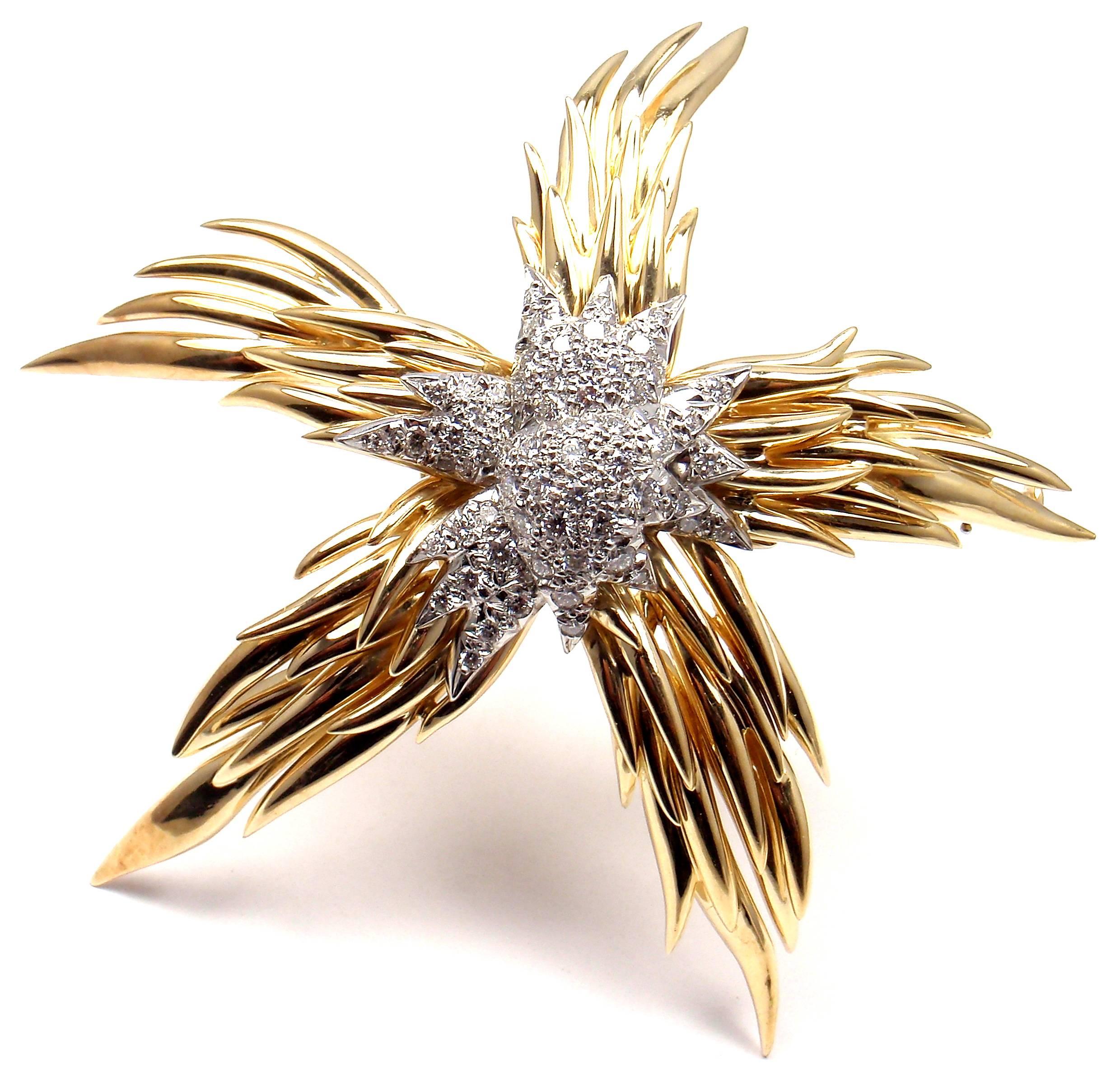 18k Yellow Gold and Platinum Diamond Paris Flame Pin Brooch by Jean Schlumberger for Tiffany & Co. 
This brooch comes with original Tiffany & Co box. 
With Round brilliant cut diamonds VVS1 clarity, E color 
total weight approx. 1.5ct 