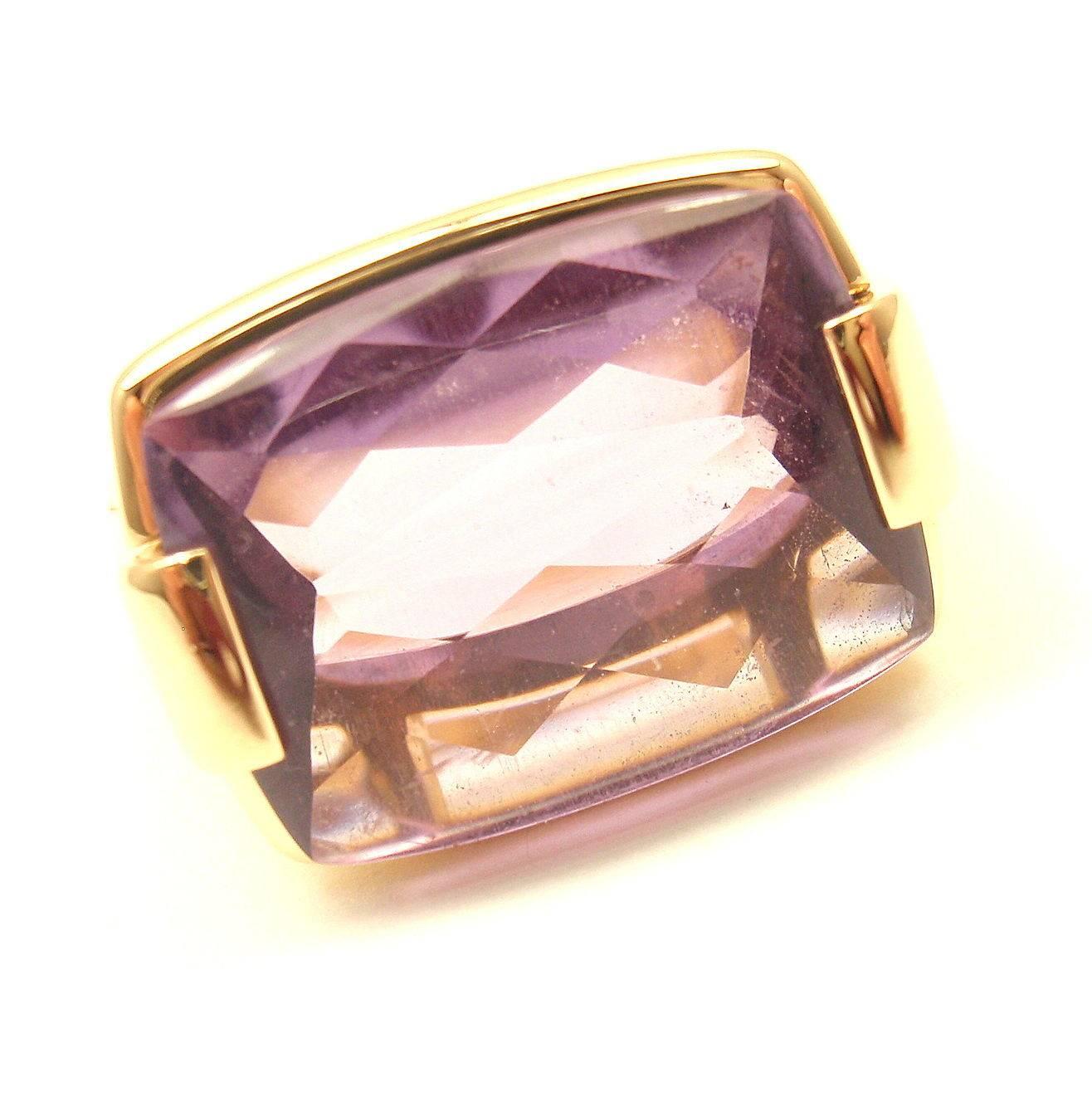 18k Yellow Gold Large Amethyst Ring by Bulgari.  
With 1 Amethyst 16 x 13mm
Description: 
Ring Size: 7.75 (resize available) 
Width: 14mm 
Weight: 12.4grams 
Stamped Hallmarks: Bvlgari, 750 Italy 

*Free Shipping within the United States*