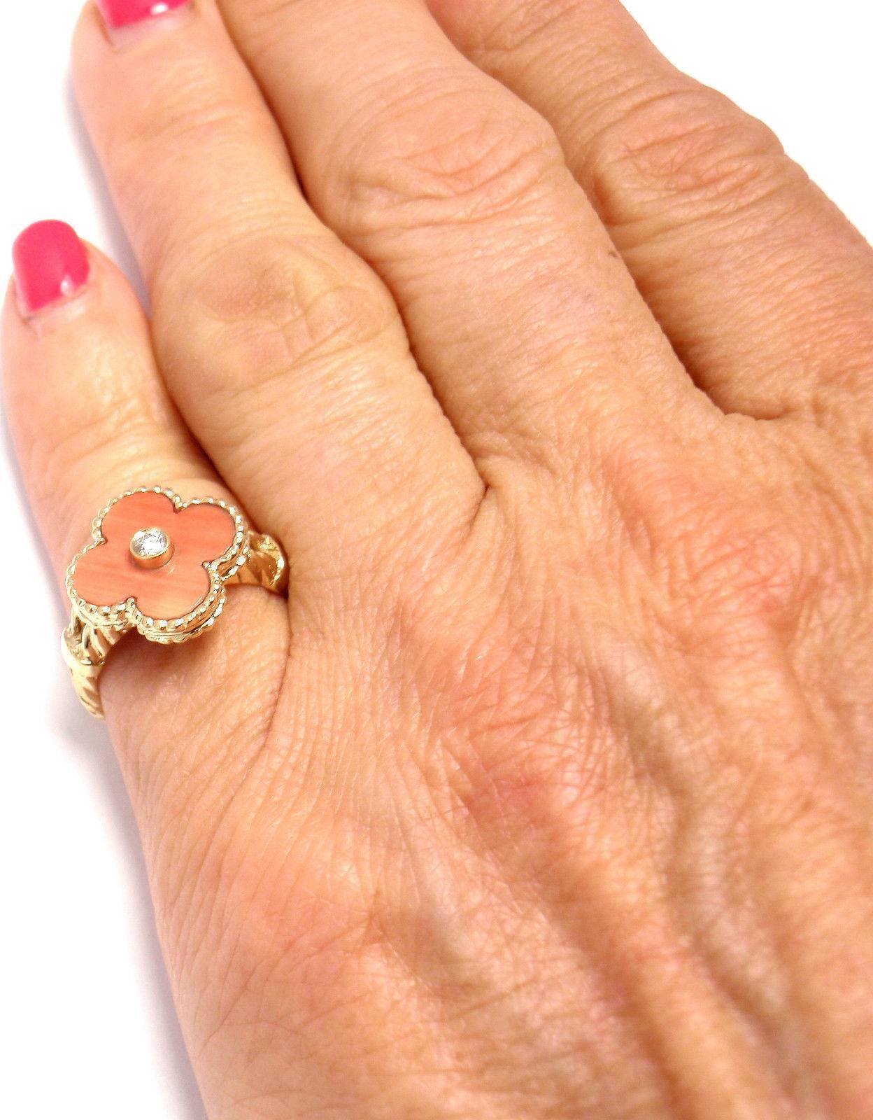 Van Cleef & Arpels Vintage Alhambra Coral Diamond Gold Ring In New Condition In Holland, PA