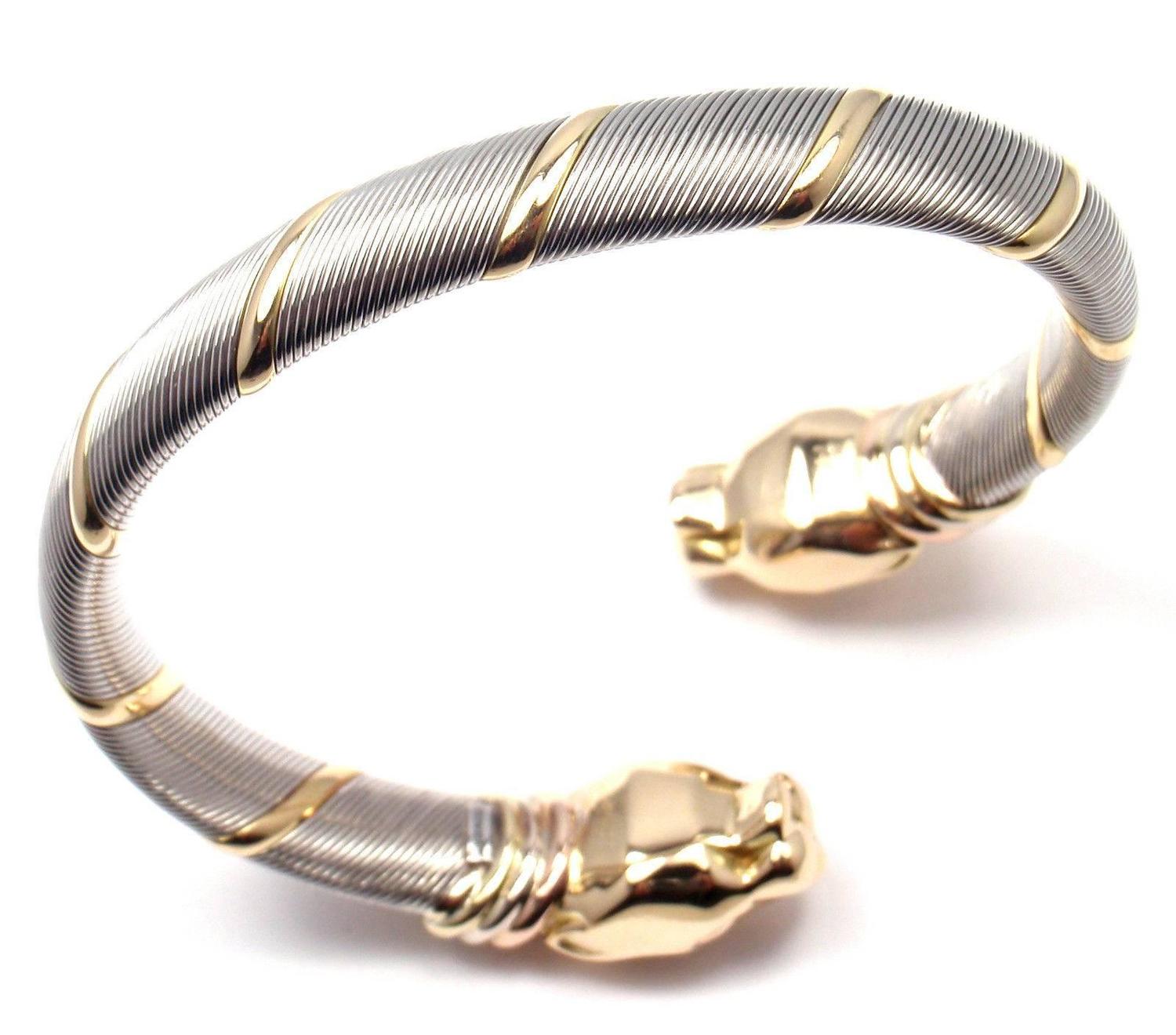 Cartier Panthere Stainless Steel Tricolor Gold Bangle Bracelet at 1stdibs