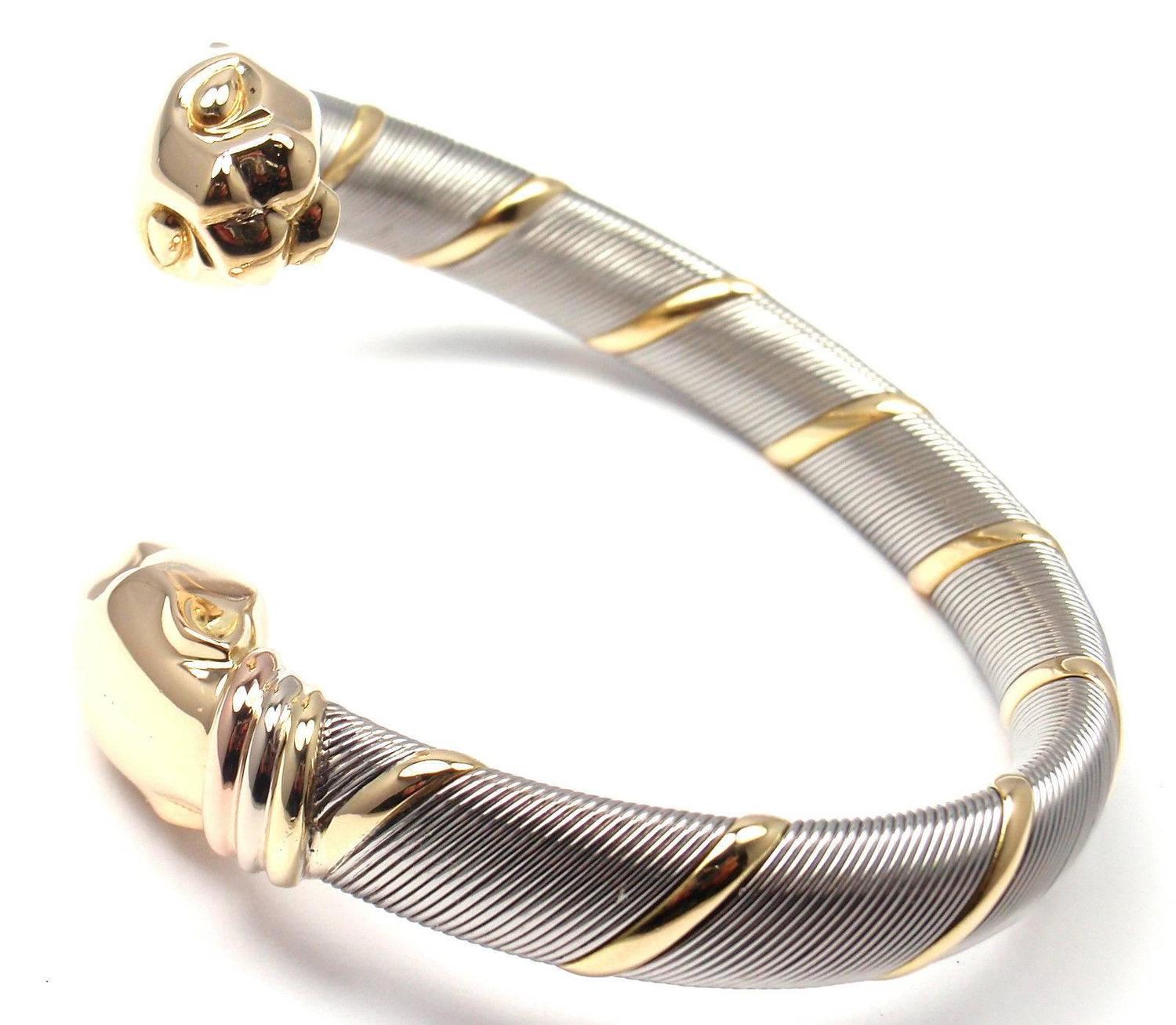 Cartier Panthere Stainless Steel Tricolor Gold Bangle Bracelet at 1stdibs