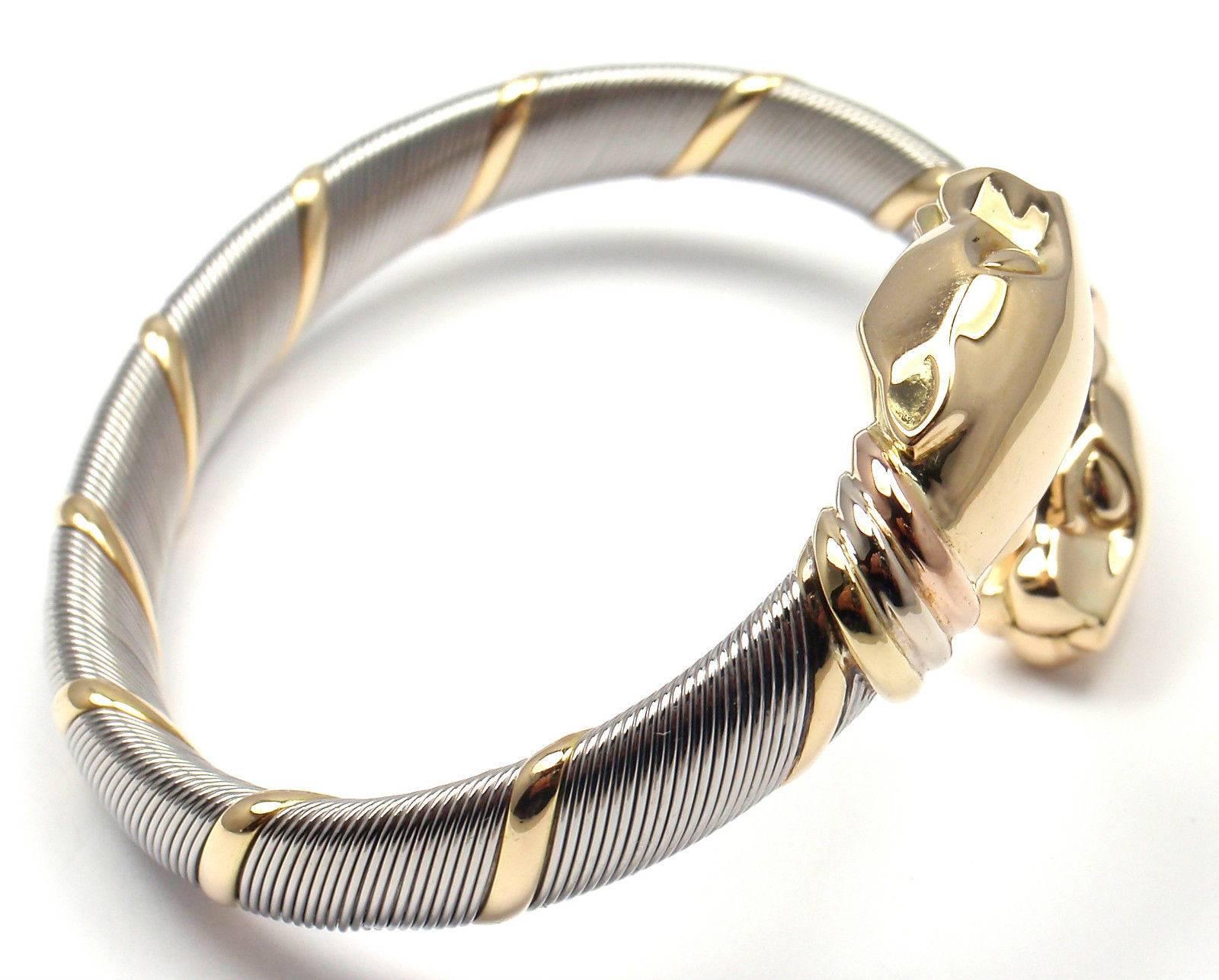 Cartier Panthere Stainless Steel Tricolor Gold Bangle Bracelet In New Condition In Holland, PA