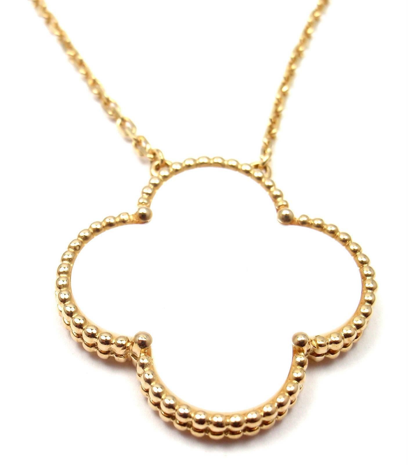 18k Yellow Gold Magic Alhambra Mother Of Pearl Pendant Necklace By Van Cleef & Arpels. 
With 1 alhambra shape mother of pearl 26mm
This necklace comes with a certificate from Van Cleef & Arpels.
 
Details: 
Length: 17'' necklace, 1.5mm,