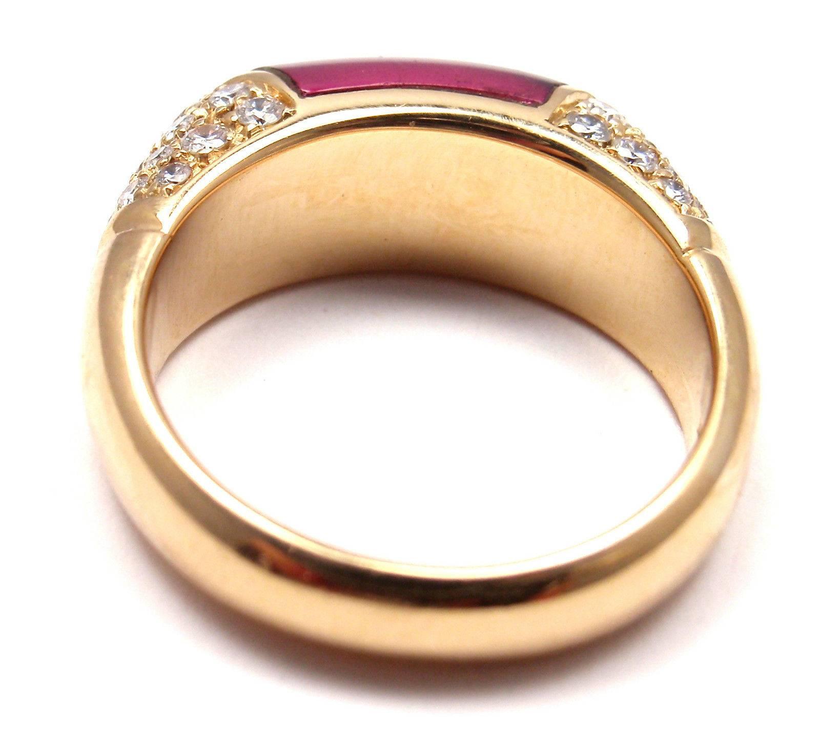 18k Yellow Gold Diamond Pink Tourmaline Ring by Bulgari. 
With 40 round brilliant cut diamonds VS1 clarity, G color total weight approx. .60ct
1 pink tourmaline 15mm x 7mm
This ring comes with original Bvlgari box.

Details:  
Ring Size: 5.5