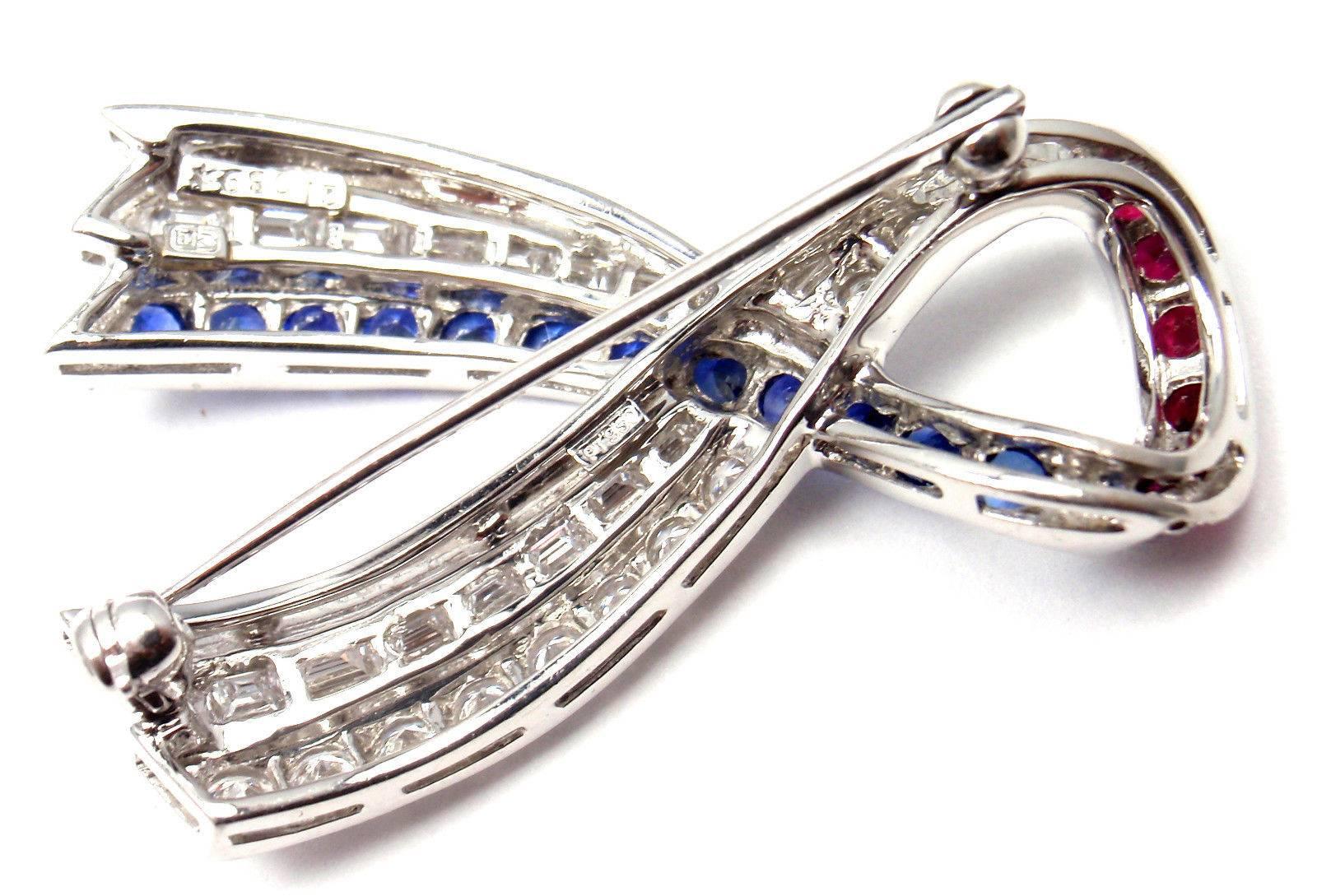 Women's or Men's Harry Winston American Ribbon Diamond Sapphire Ruby Platinum Pin Brooch
