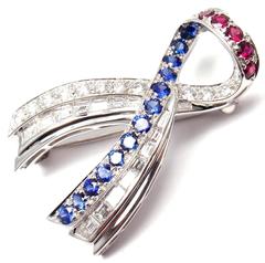 Harry Winston American Ribbon Diamond Sapphire Ruby Platinum Pin Brooch
