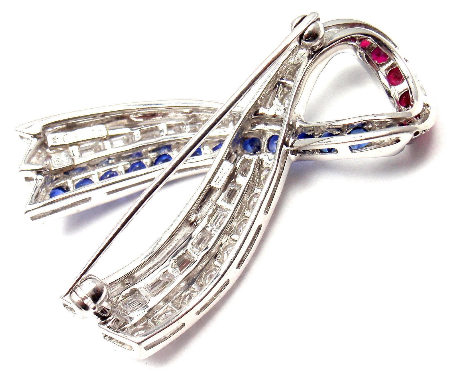 Harry Winston American Ribbon Diamond Sapphire Ruby Platinum Pin Brooch 1