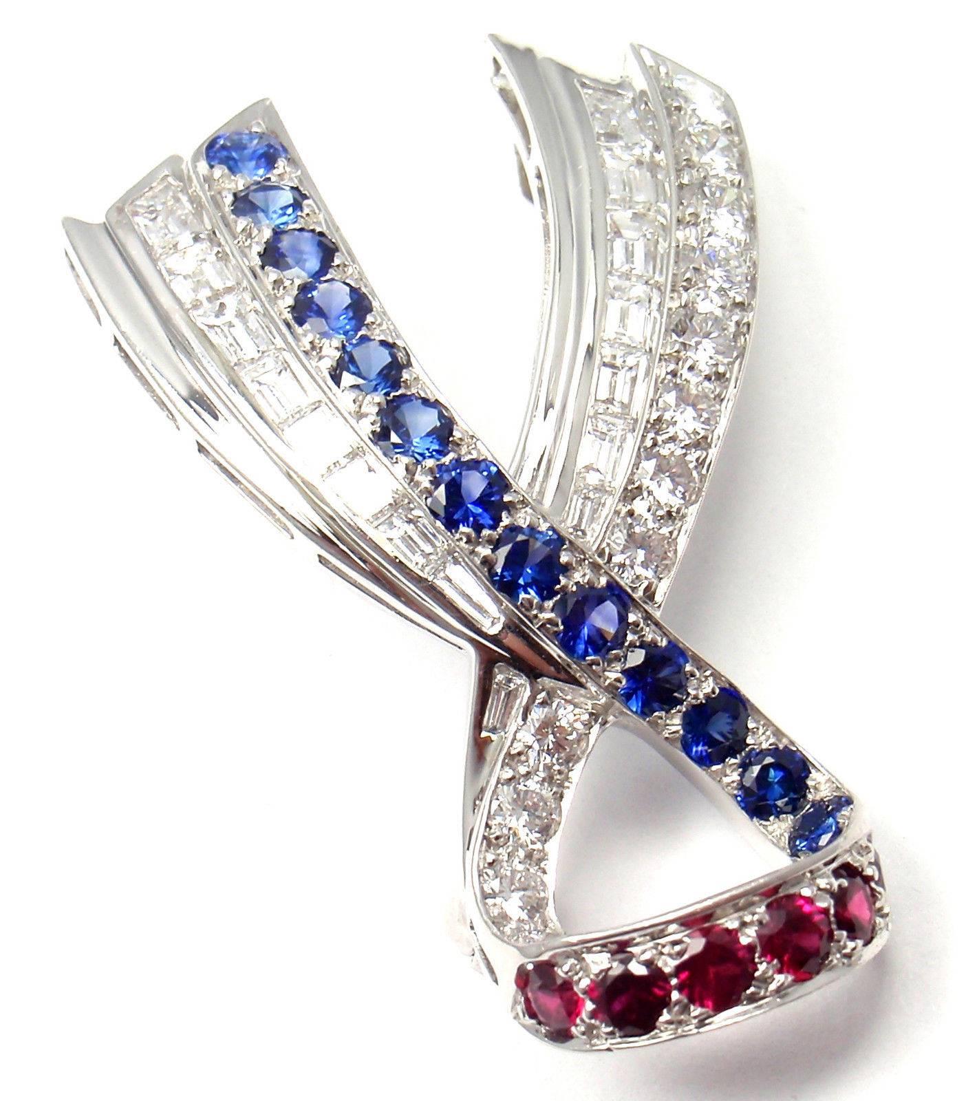 Harry Winston American Ribbon Diamond Sapphire Ruby Platinum Pin Brooch 4