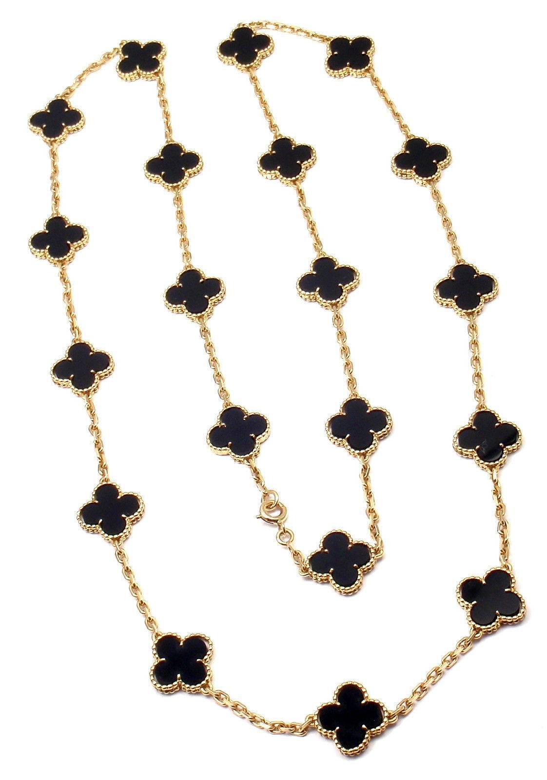 18k Yellow Gold Alhambra Twenty-Motif Black Onyx Necklace by 
Van Cleef & Arpels, with 20 motifs of black onyx Alhambra stones, 15mm each.

This is a rare, very collectible, antique Van Cleef & Arpels black onyx alhambra necklace from