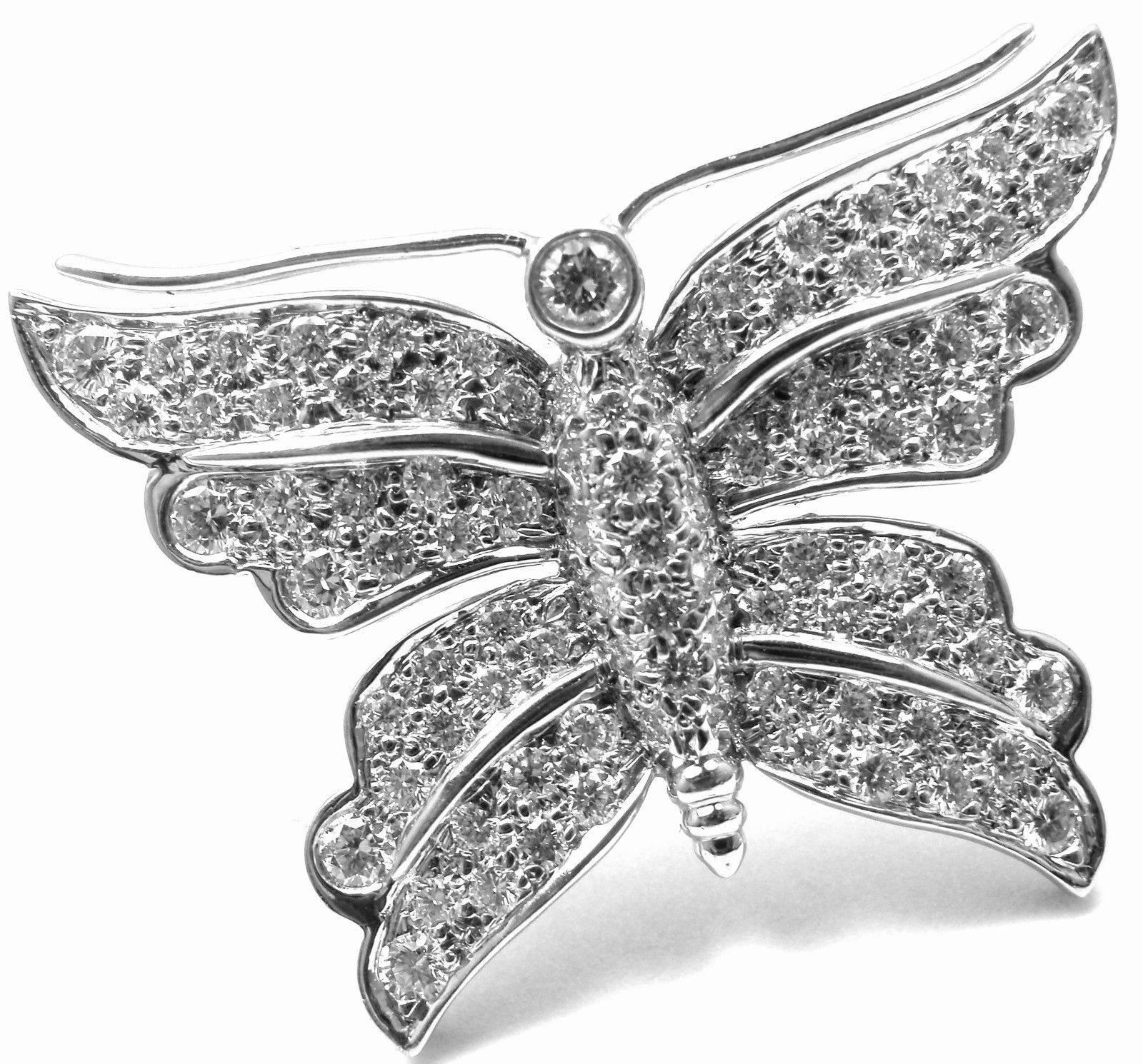 Platinum Diamond Butterfly Brooch Pin by Tiffany & Co. 
With round brilliant cut diamonds VS1 clarity, G color total weight approx. 1.25ct

Details:
Measurements: 1
